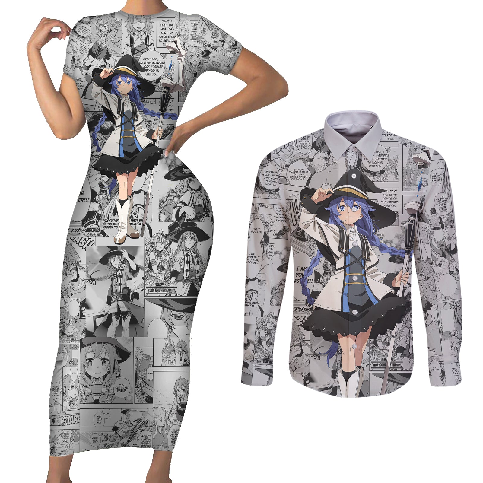 Roxy Migurdia Couples Matching Short Sleeve Bodycon Dress and Long Sleeve Button Shirt Manga Mix Anime