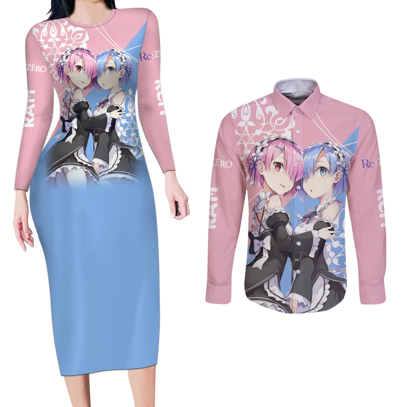 Rem & Ram Couples Matching Long Sleeve Bodycon Dress and Long Sleeve Button Shirt Re Zero