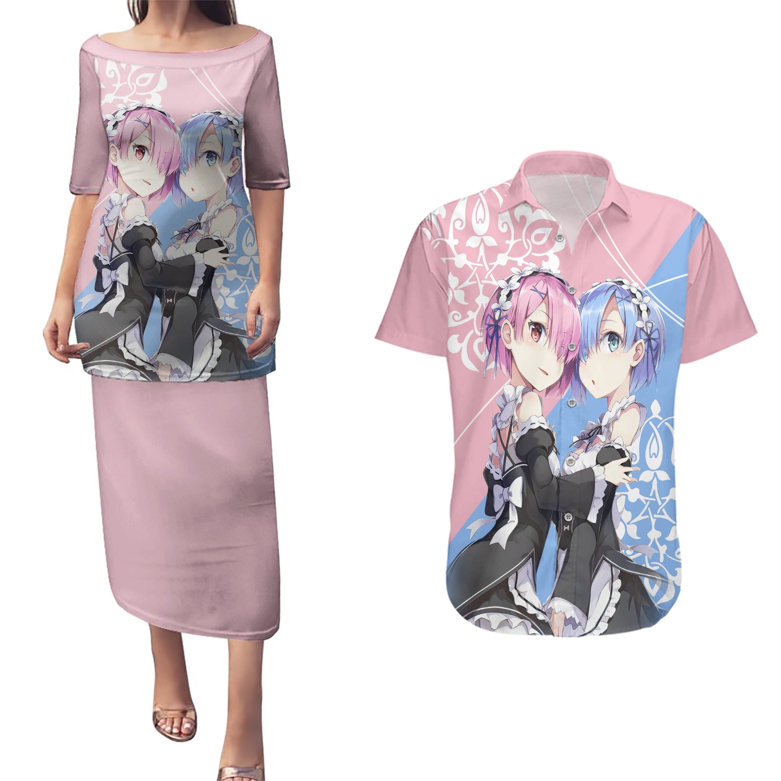 Rem & Ram Couples Matching Puletasi and Hawaiian Shirt Re Zero