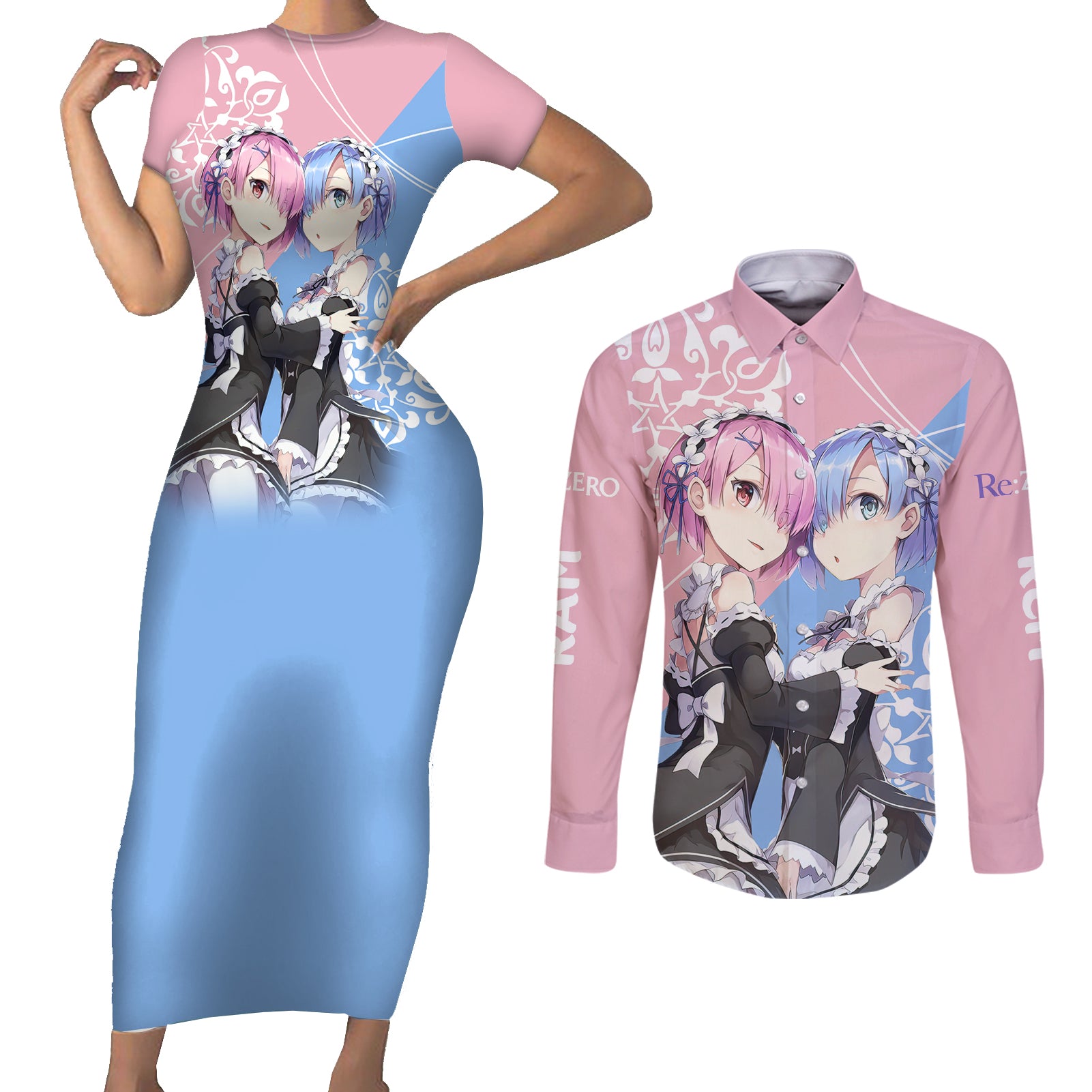 Rem & Ram Couples Matching Short Sleeve Bodycon Dress and Long Sleeve Button Shirt Re Zero