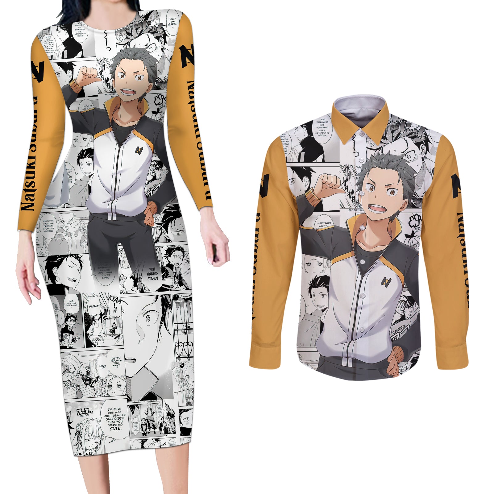 Natsuki Subaru Couples Matching Long Sleeve Bodycon Dress and Long Sleeve Button Shirt Hajimeru Isekai Seikatsu