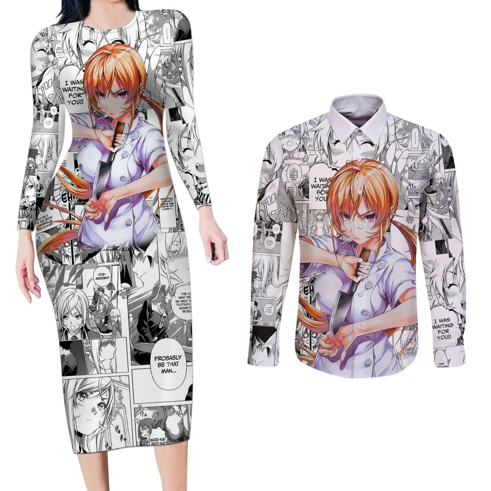 Nakiri Erina Couples Matching Long Sleeve Bodycon Dress and Long Sleeve Button Shirt Shokugeki no Soma