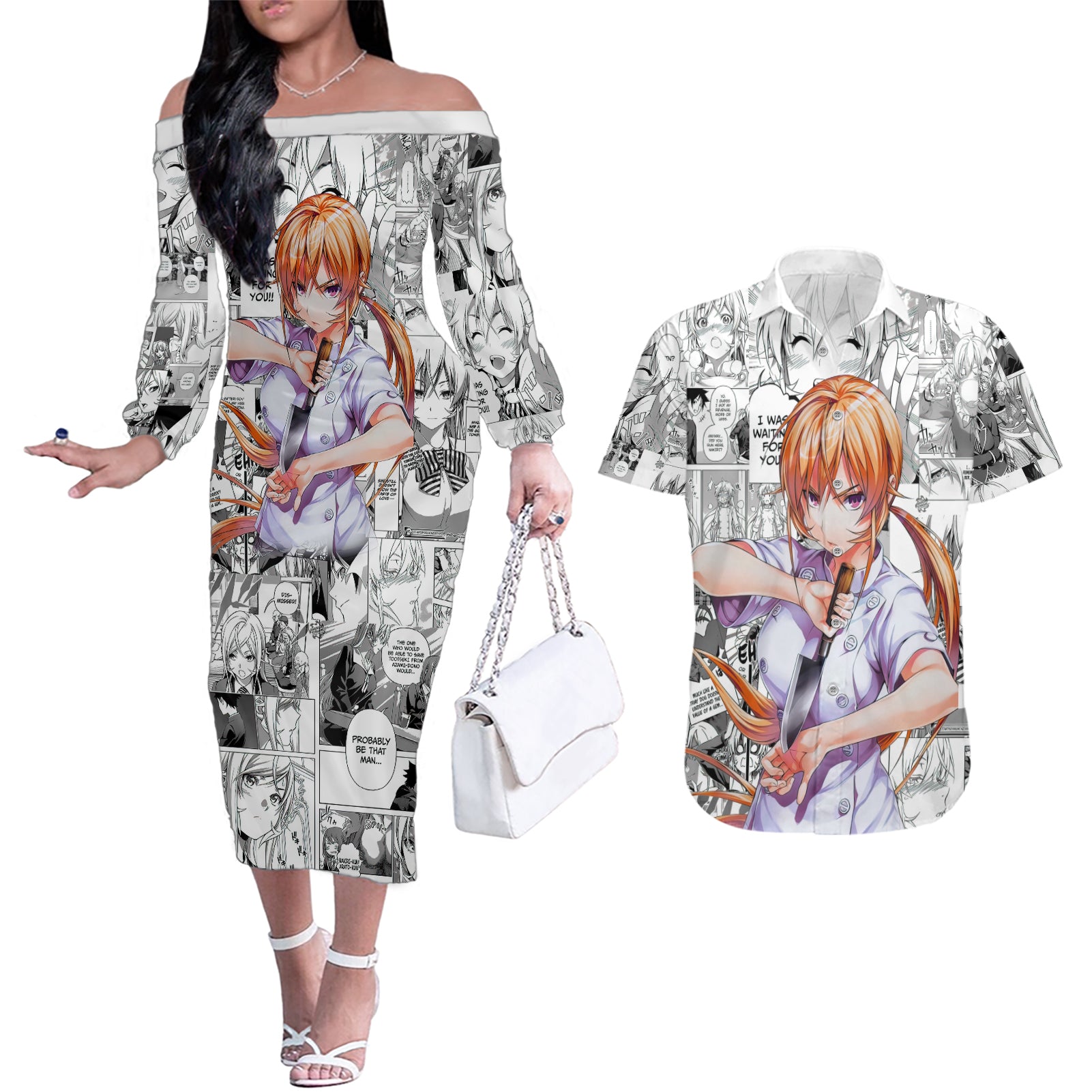 Nakiri Erina Couples Matching Off The Shoulder Long Sleeve Dress and Hawaiian Shirt Shokugeki no Soma