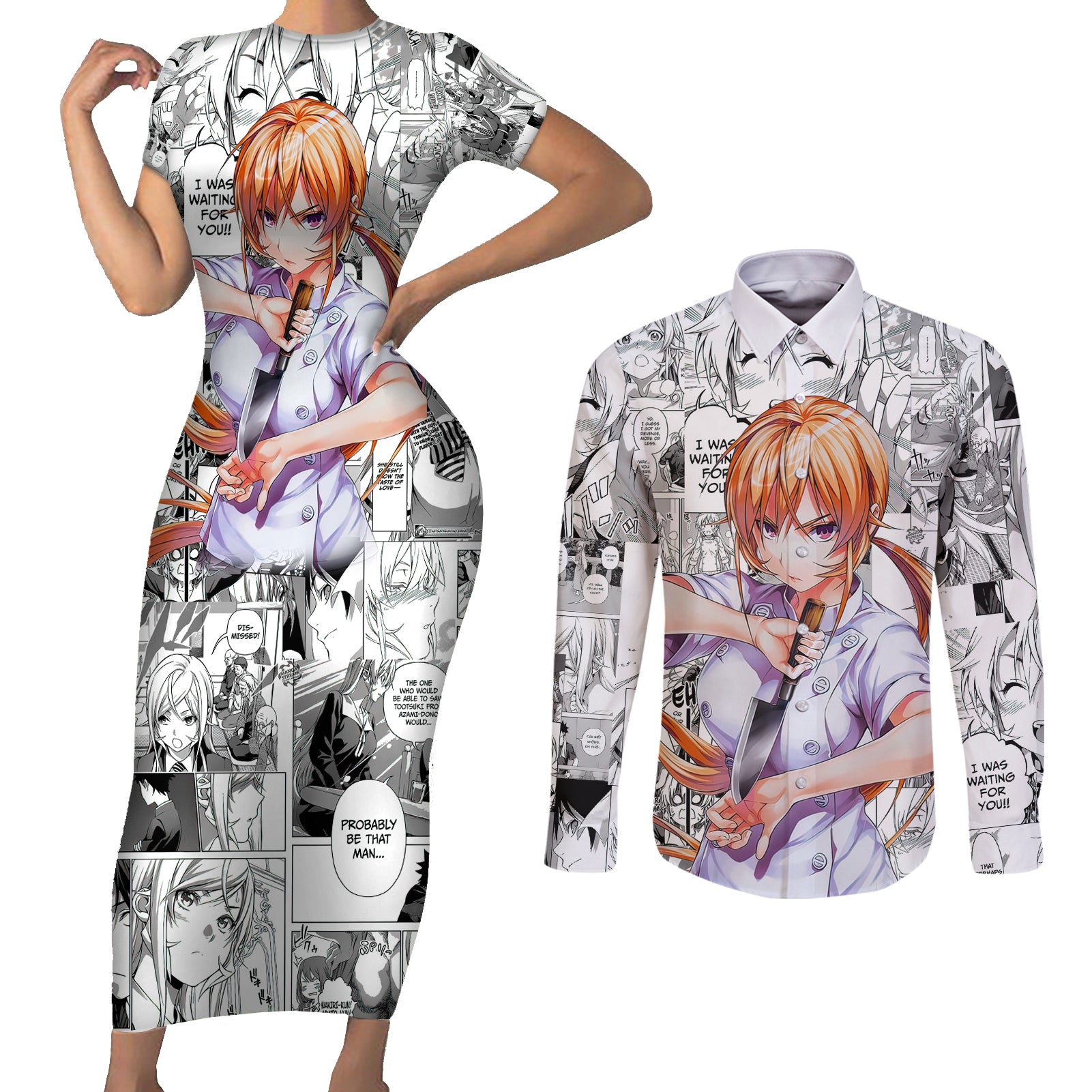 Nakiri Erina Couples Matching Short Sleeve Bodycon Dress and Long Sleeve Button Shirt Shokugeki no Soma