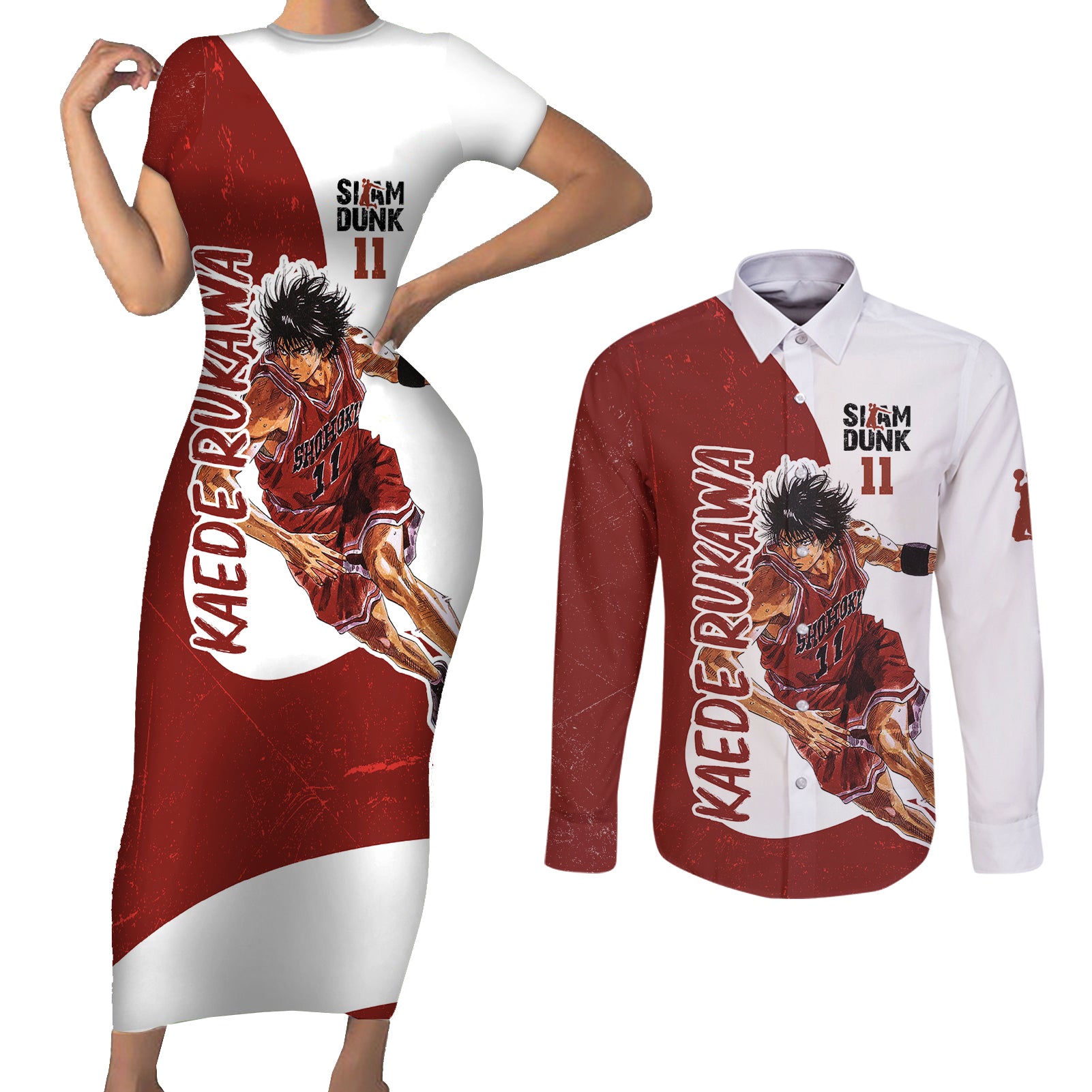 Kaede Rukawa - Slam Dunk - Number 11 Couples Matching Short Sleeve Bodycon Dress and Long Sleeve Button Shirt Anime Mix Manga Style