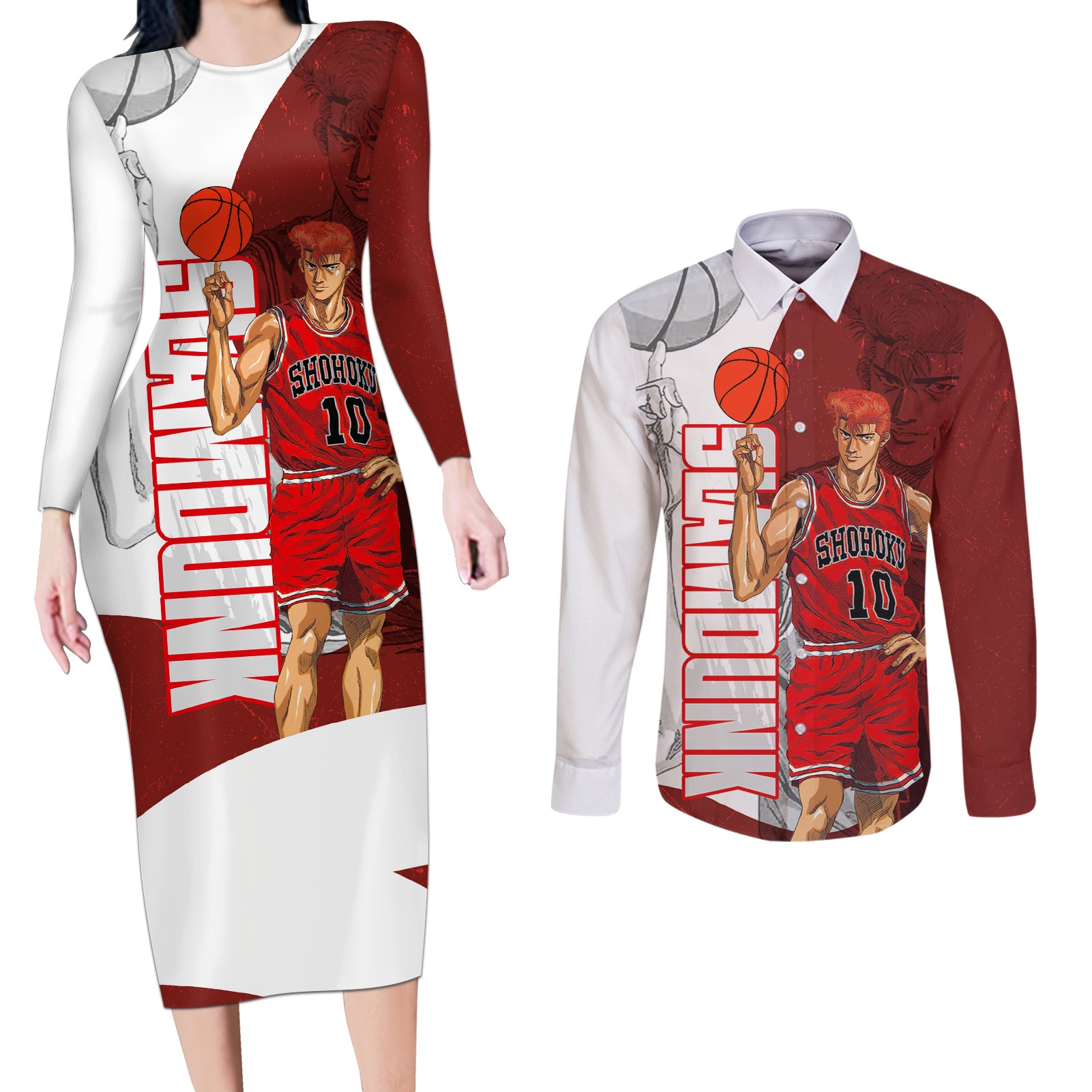 Number 10 Of Sohoku - Slamdunk Couples Matching Long Sleeve Bodycon Dress and Long Sleeve Button Shirt Anime Mix Manga Style