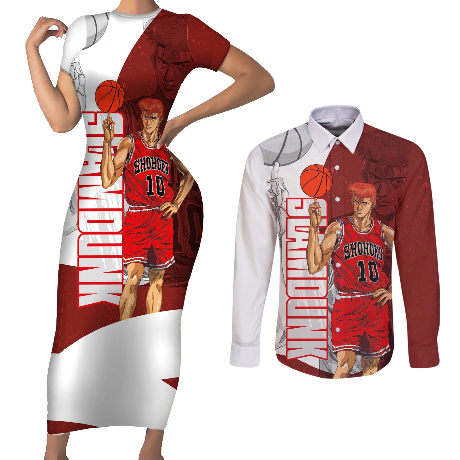 Number 10 Of Sohoku - Slamdunk Couples Matching Short Sleeve Bodycon Dress and Long Sleeve Button Shirt Anime Mix Manga Style