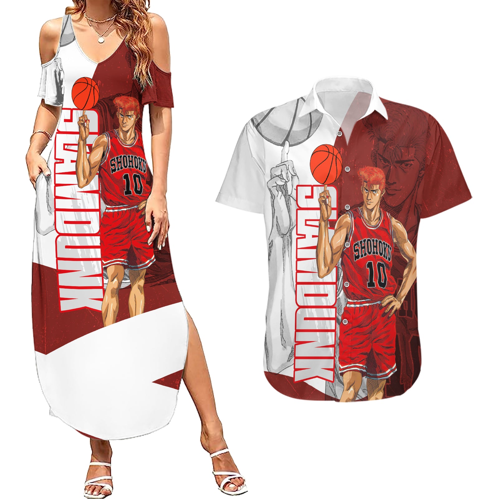 Number 10 Of Sohoku - Slamdunk Couples Matching Summer Maxi Dress and Hawaiian Shirt Anime Mix Manga Style