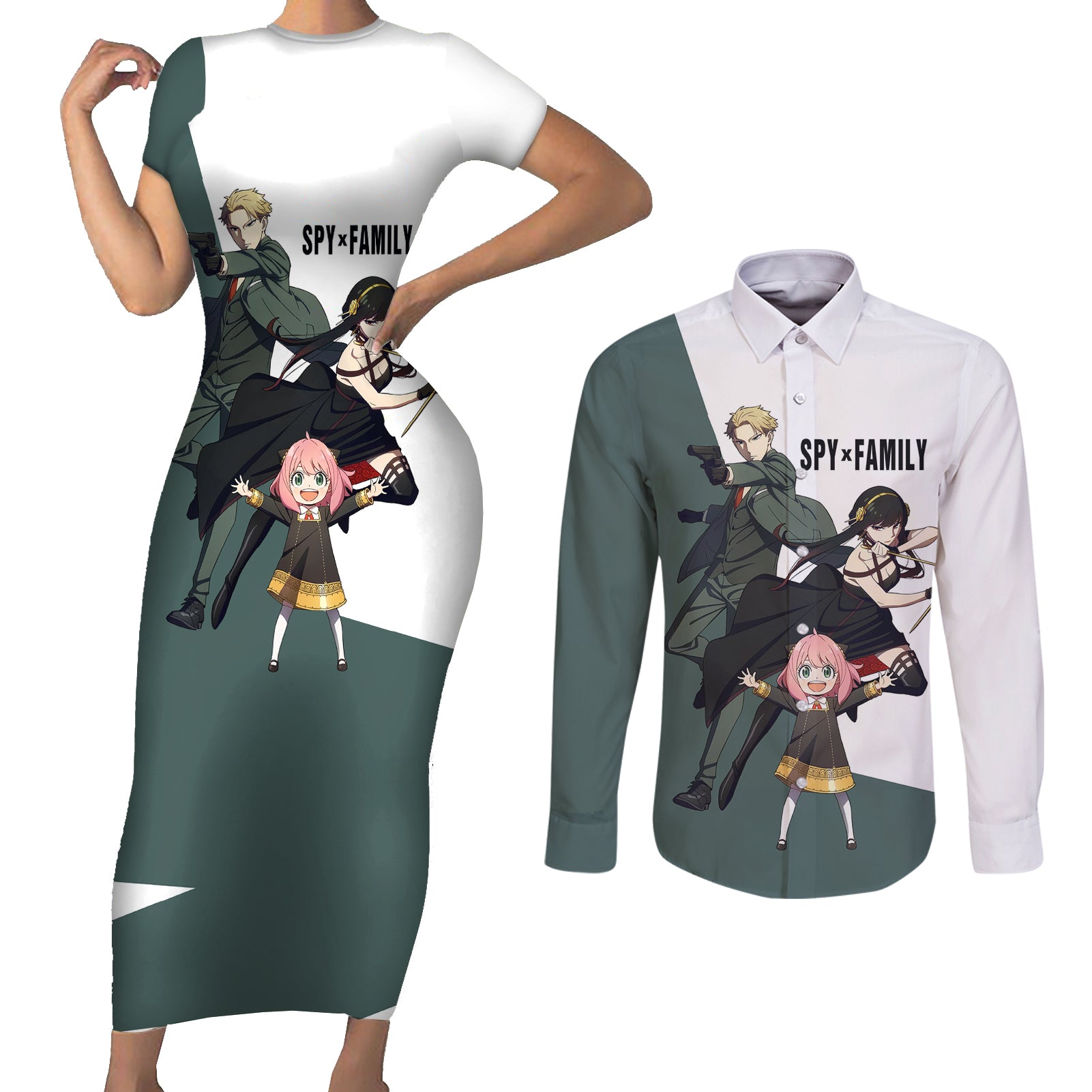 SpyxFamily - Funny Family Couples Matching Short Sleeve Bodycon Dress and Long Sleeve Button Shirt Anime Style