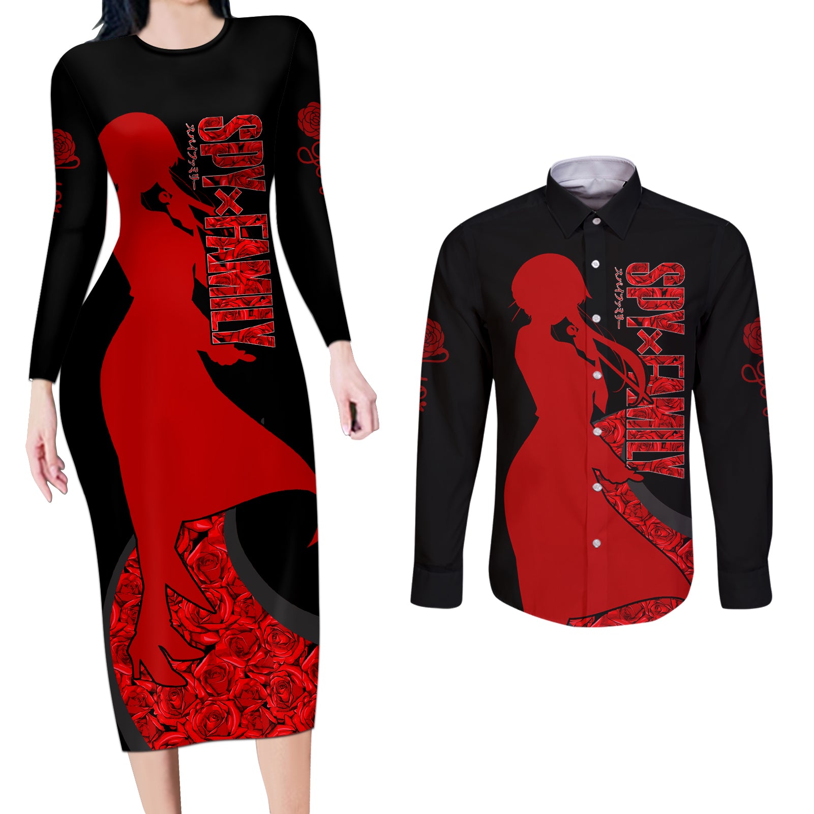 Yor Foger SpyxFamily Couples Matching Long Sleeve Bodycon Dress and Long Sleeve Button Shirt Black And Roses Anime Style