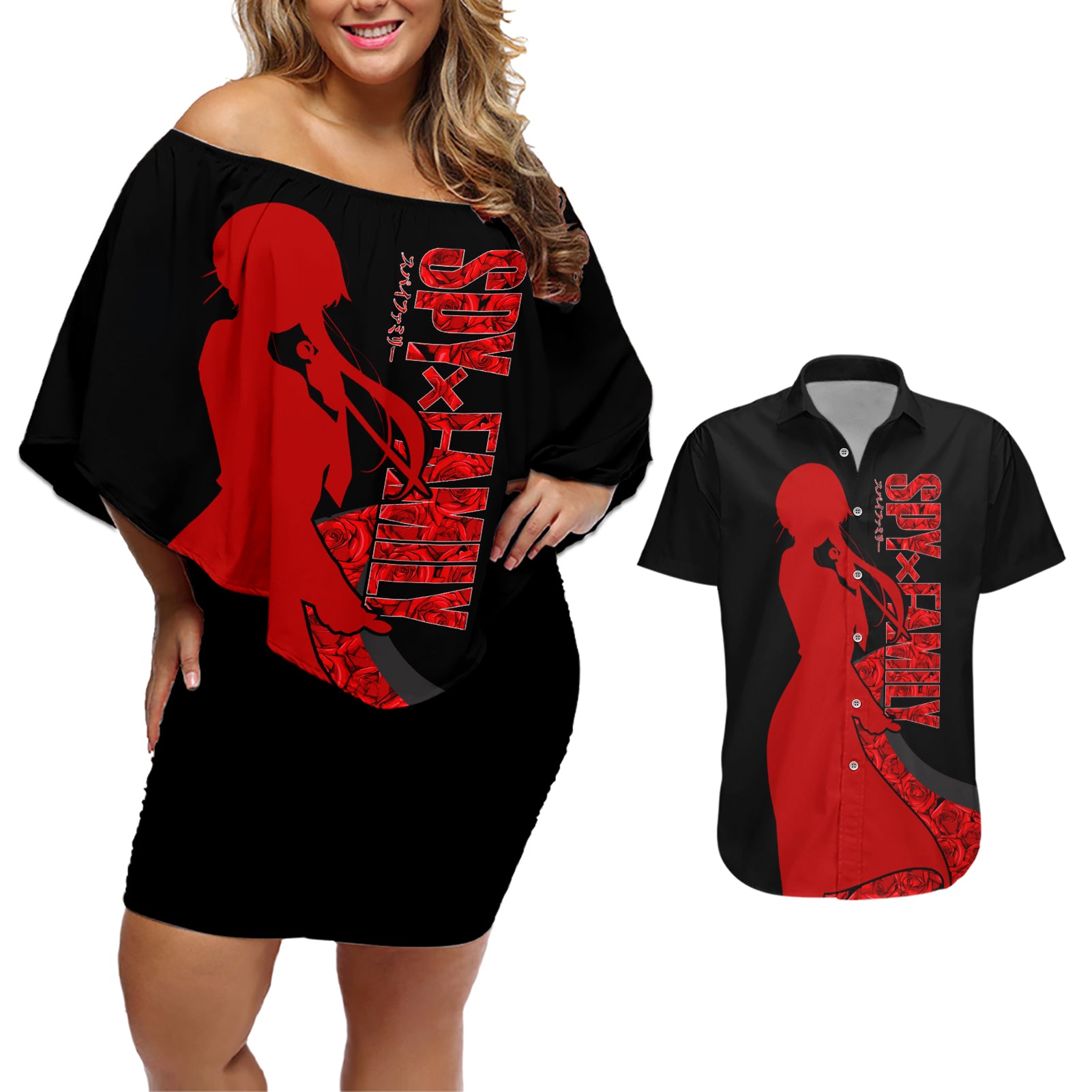 Yor Foger SpyxFamily Couples Matching Off Shoulder Short Dress and Hawaiian Shirt Black And Roses Anime Style