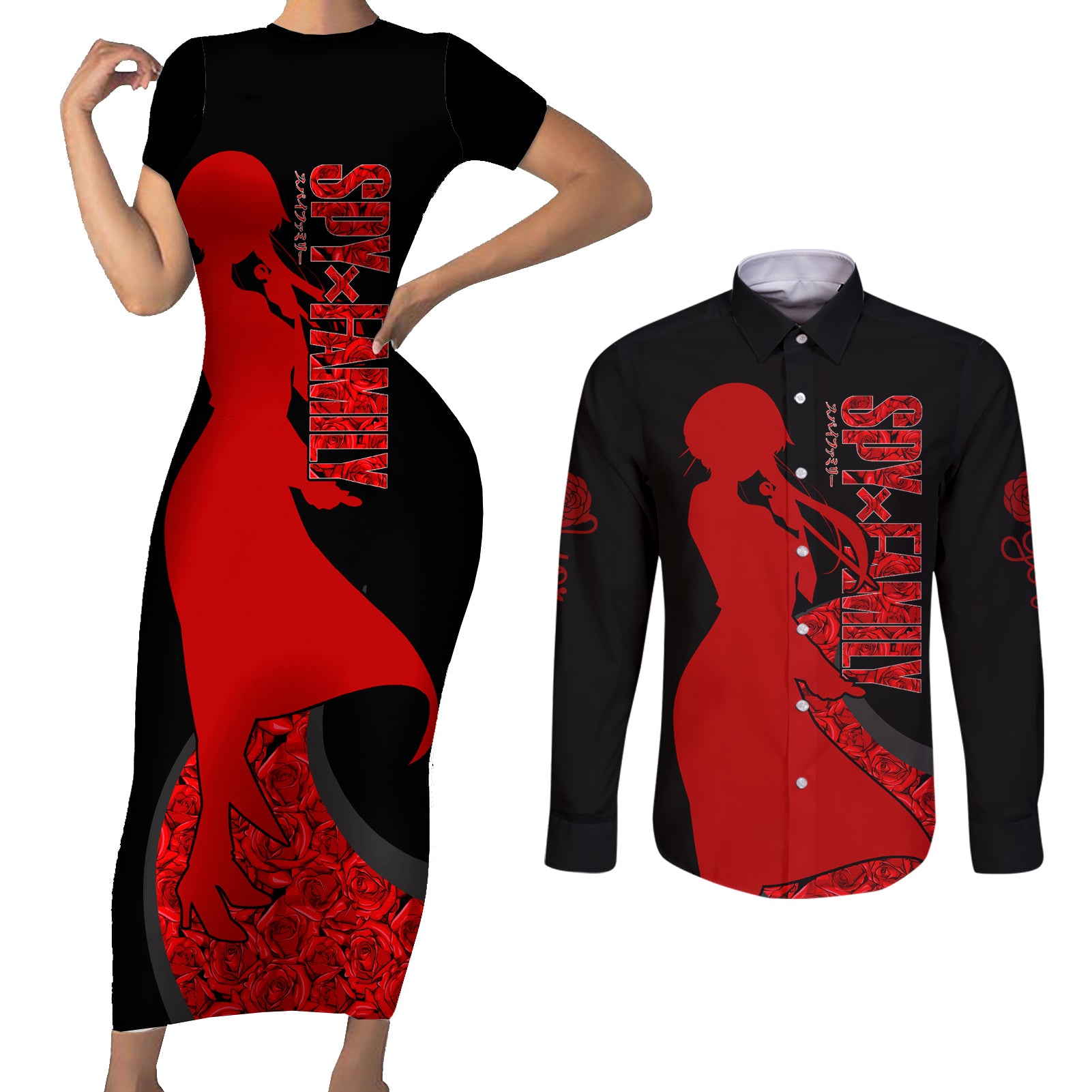 Yor Foger SpyxFamily Couples Matching Short Sleeve Bodycon Dress and Long Sleeve Button Shirt Black And Roses Anime Style