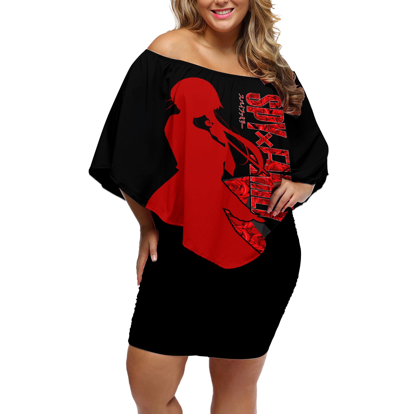 Yor Foger SpyxFamily Off Shoulder Short Dress Black And Roses Anime Style