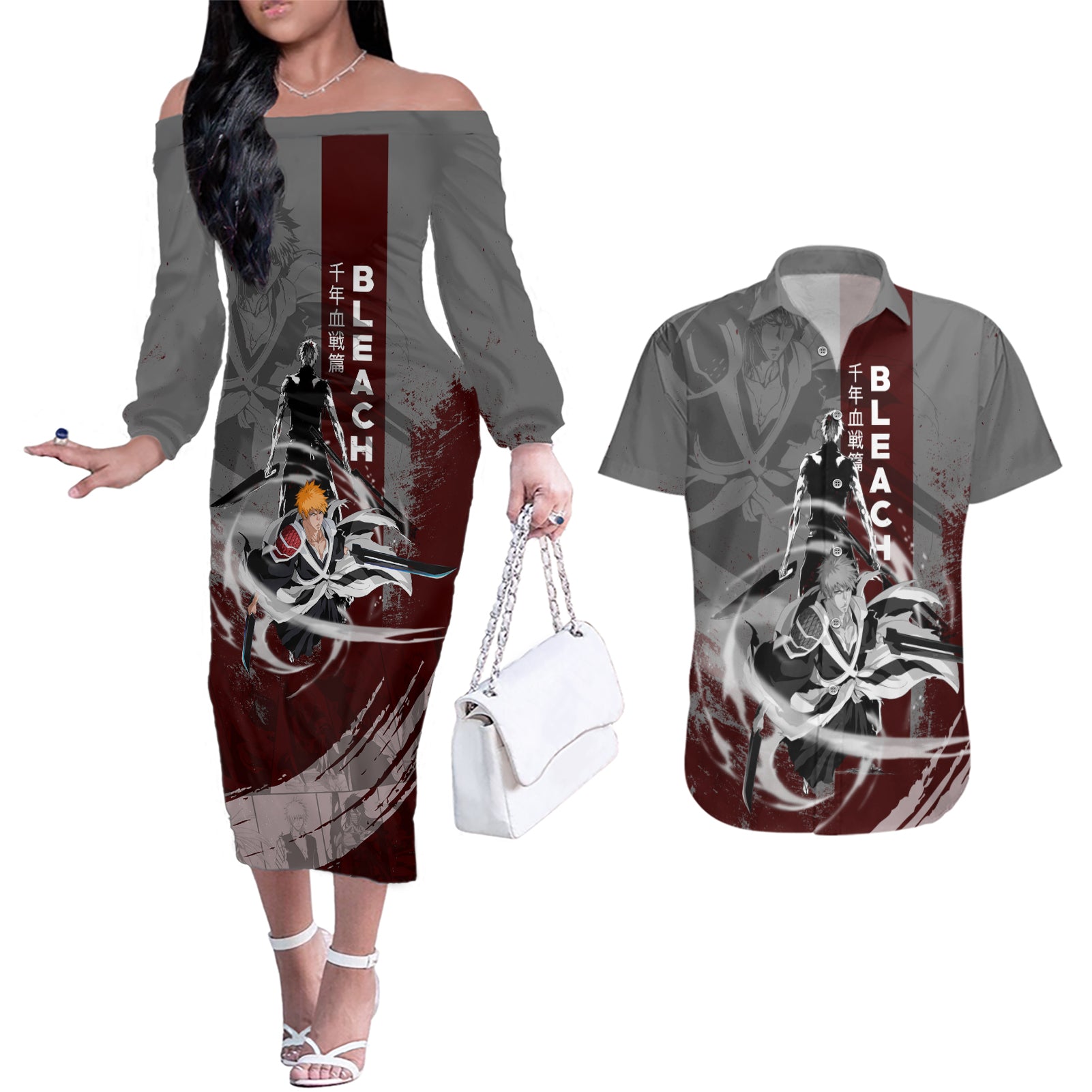 Ichigo Kurosaki - Bleach Couples Matching Off The Shoulder Long Sleeve Dress and Hawaiian Shirt Grunge Blood Style