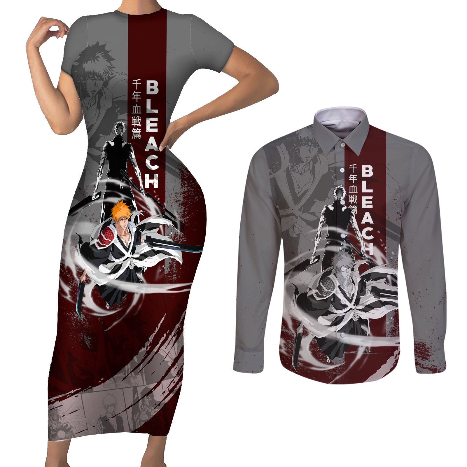 Ichigo Kurosaki - Bleach Couples Matching Short Sleeve Bodycon Dress and Long Sleeve Button Shirt Grunge Blood Style