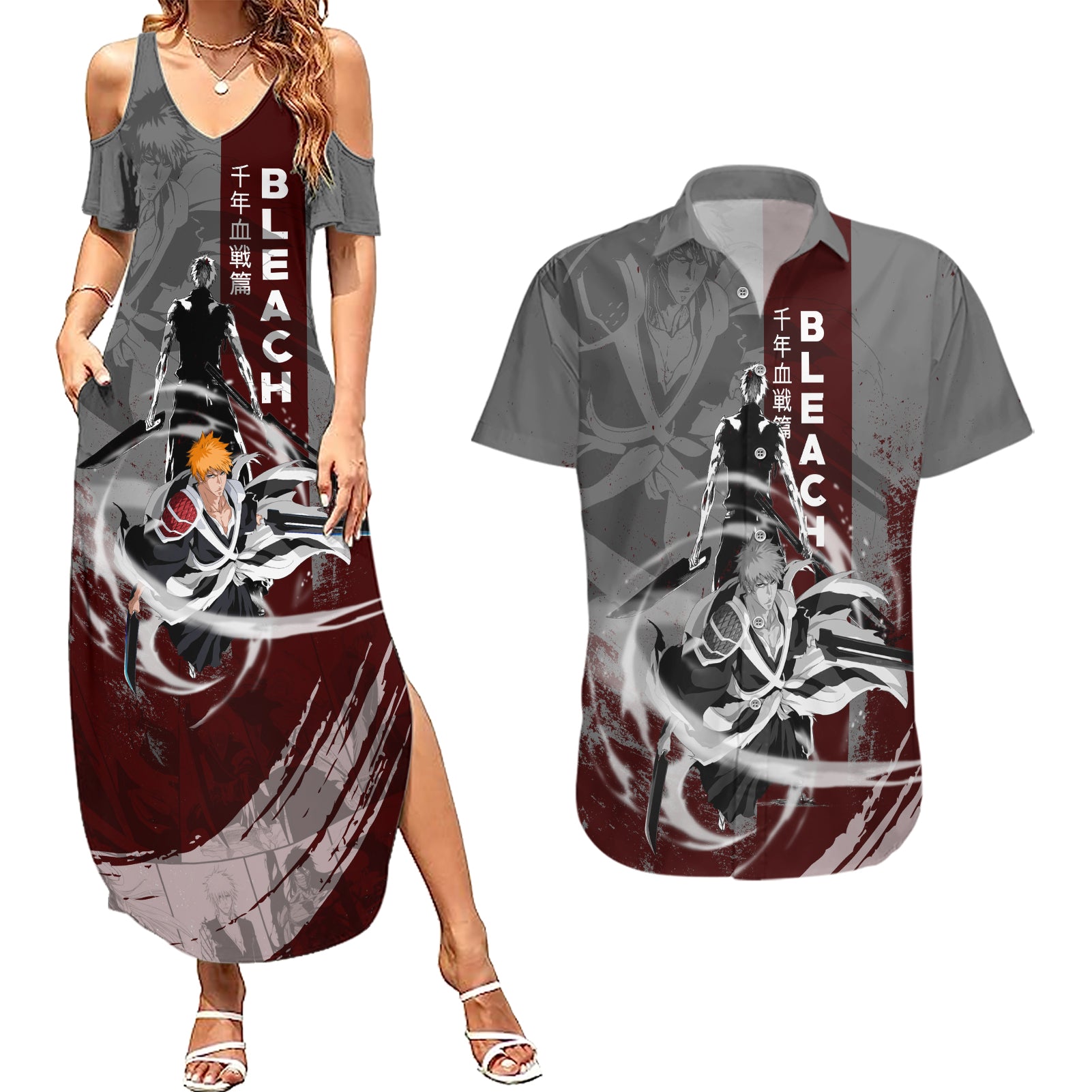 Ichigo Kurosaki - Bleach Couples Matching Summer Maxi Dress and Hawaiian Shirt Grunge Blood Style