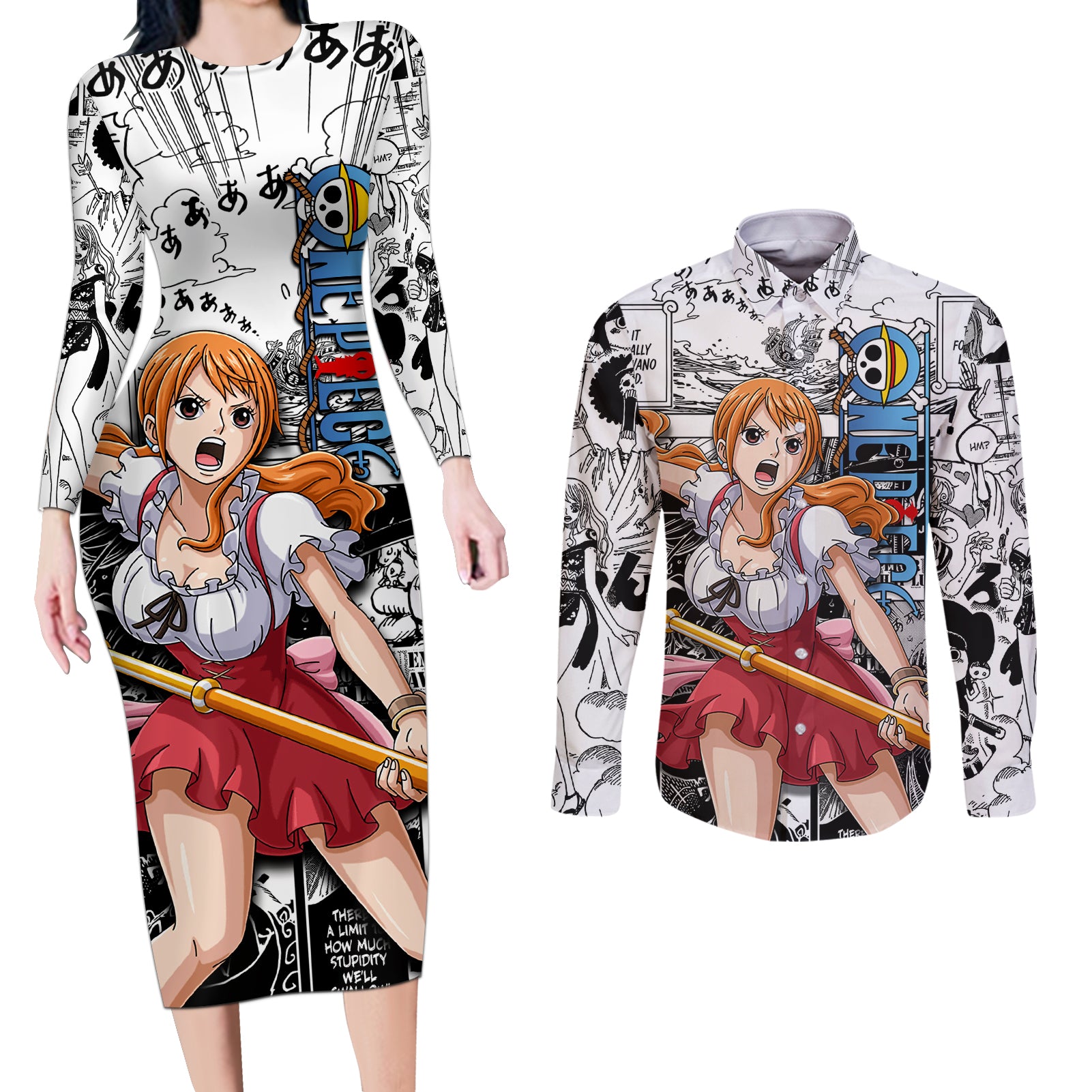 Nami One Piece Couples Matching Long Sleeve Bodycon Dress and Long Sleeve Button Shirt Anime Mix Manga Style