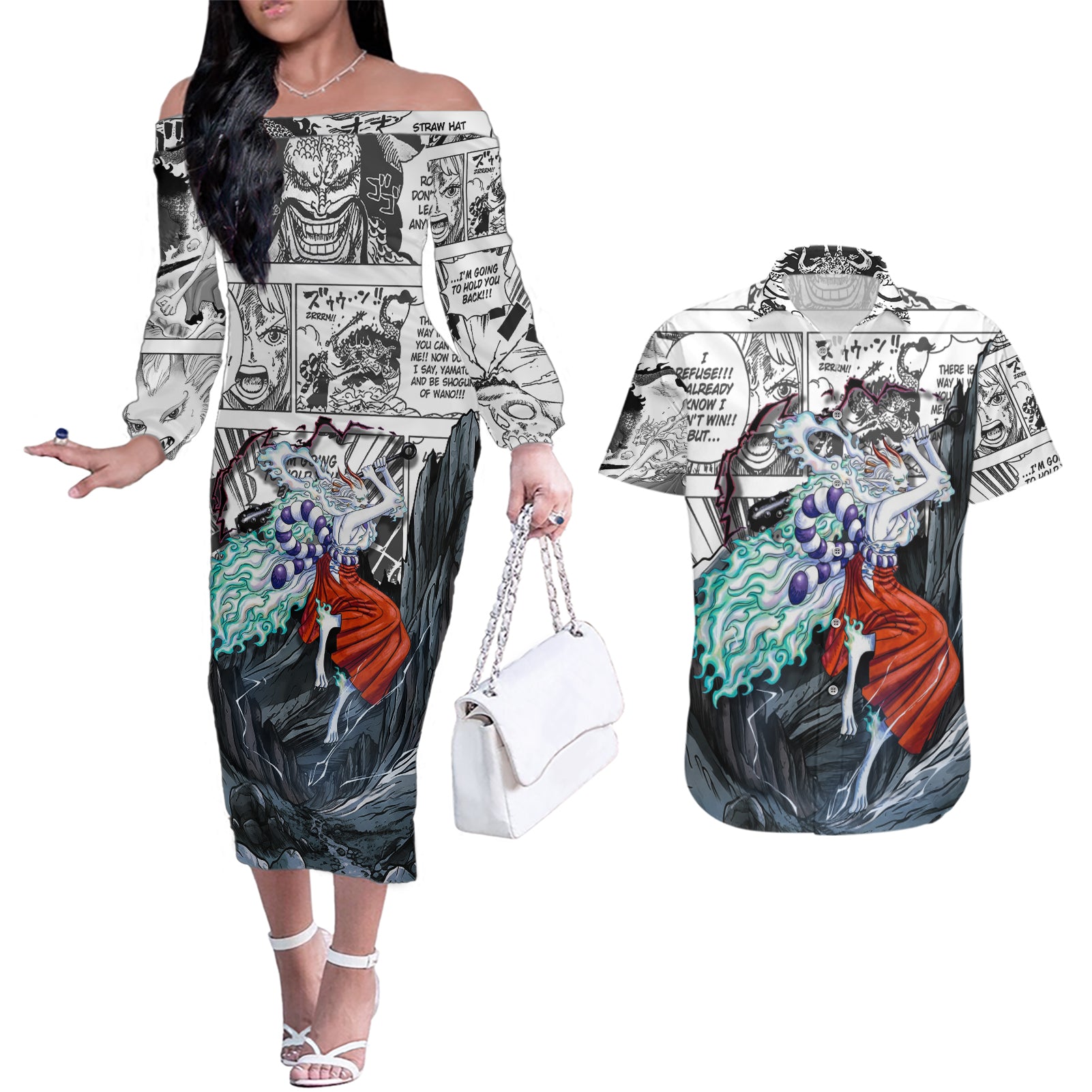 Yamato - One Piece Couples Matching Off The Shoulder Long Sleeve Dress and Hawaiian Shirt Anime Mix Manga Style