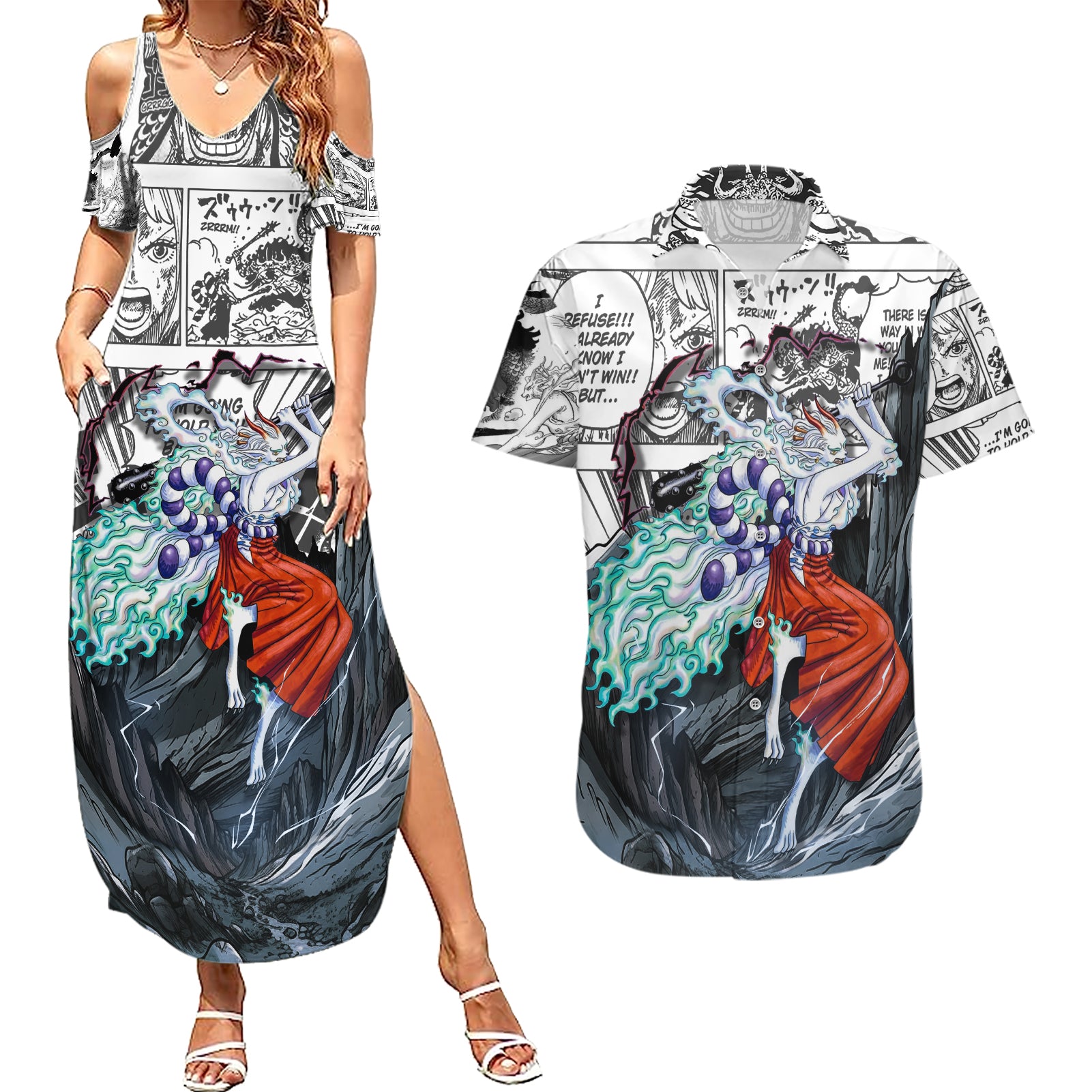 Yamato - One Piece Couples Matching Summer Maxi Dress and Hawaiian Shirt Anime Mix Manga Style