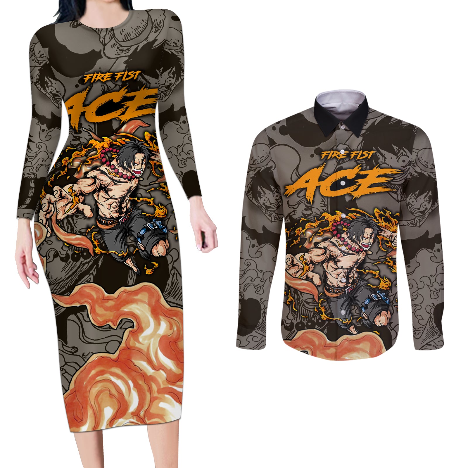 Portgas D.Ace - Fire Fist Of One Piece Couples Matching Long Sleeve Bodycon Dress and Long Sleeve Button Shirt Anime Mix Manga Style