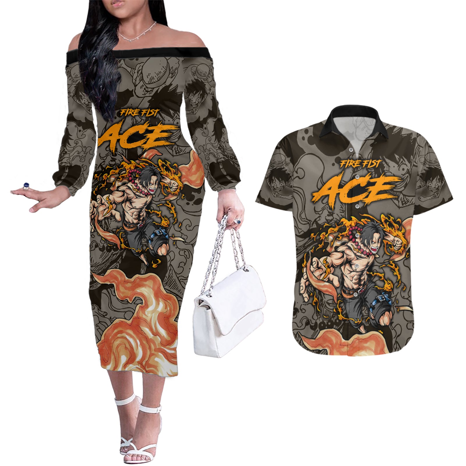 Portgas D.Ace - Fire Fist Of One Piece Couples Matching Off The Shoulder Long Sleeve Dress and Hawaiian Shirt Anime Mix Manga Style