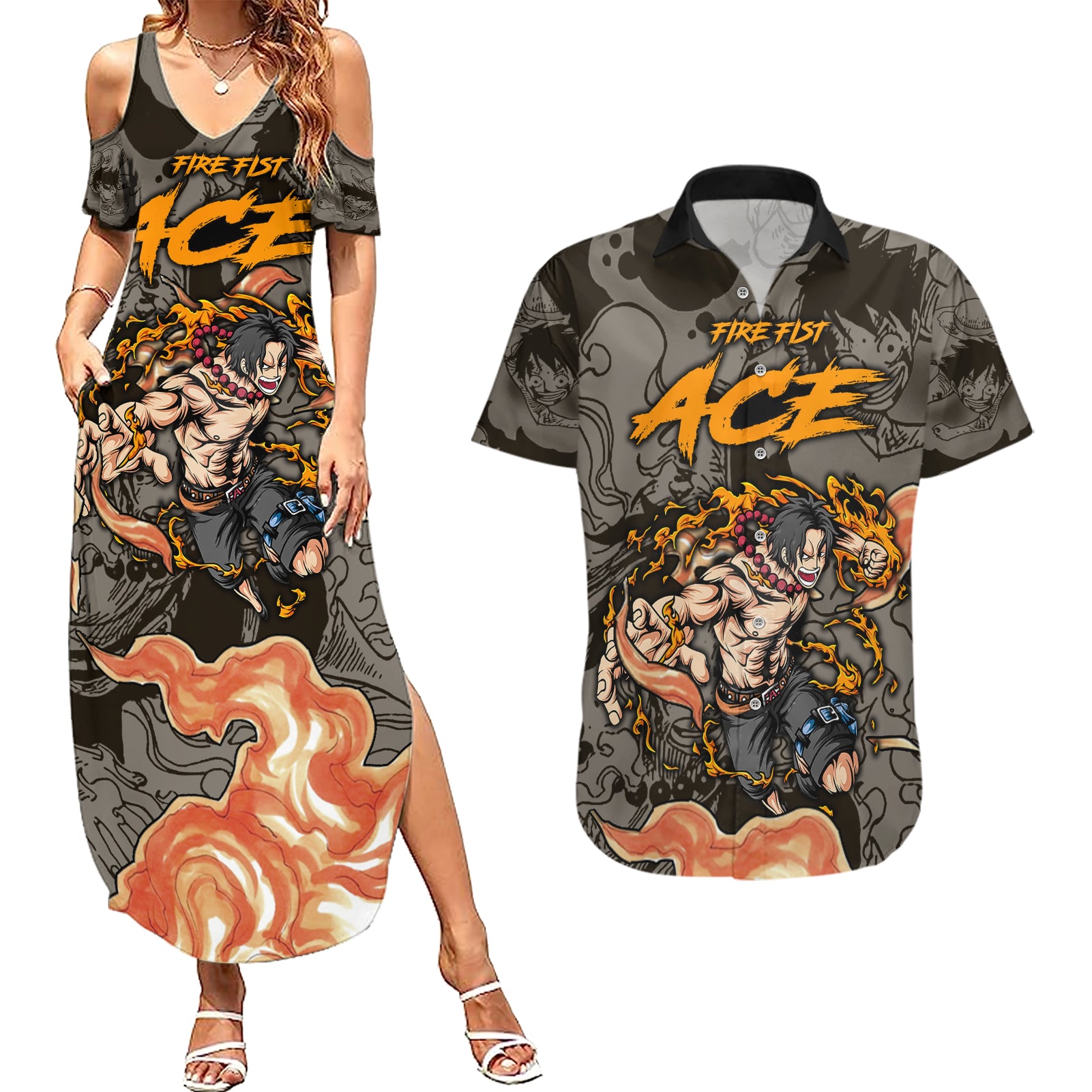 Portgas D.Ace - Fire Fist Of One Piece Couples Matching Summer Maxi Dress and Hawaiian Shirt Anime Mix Manga Style