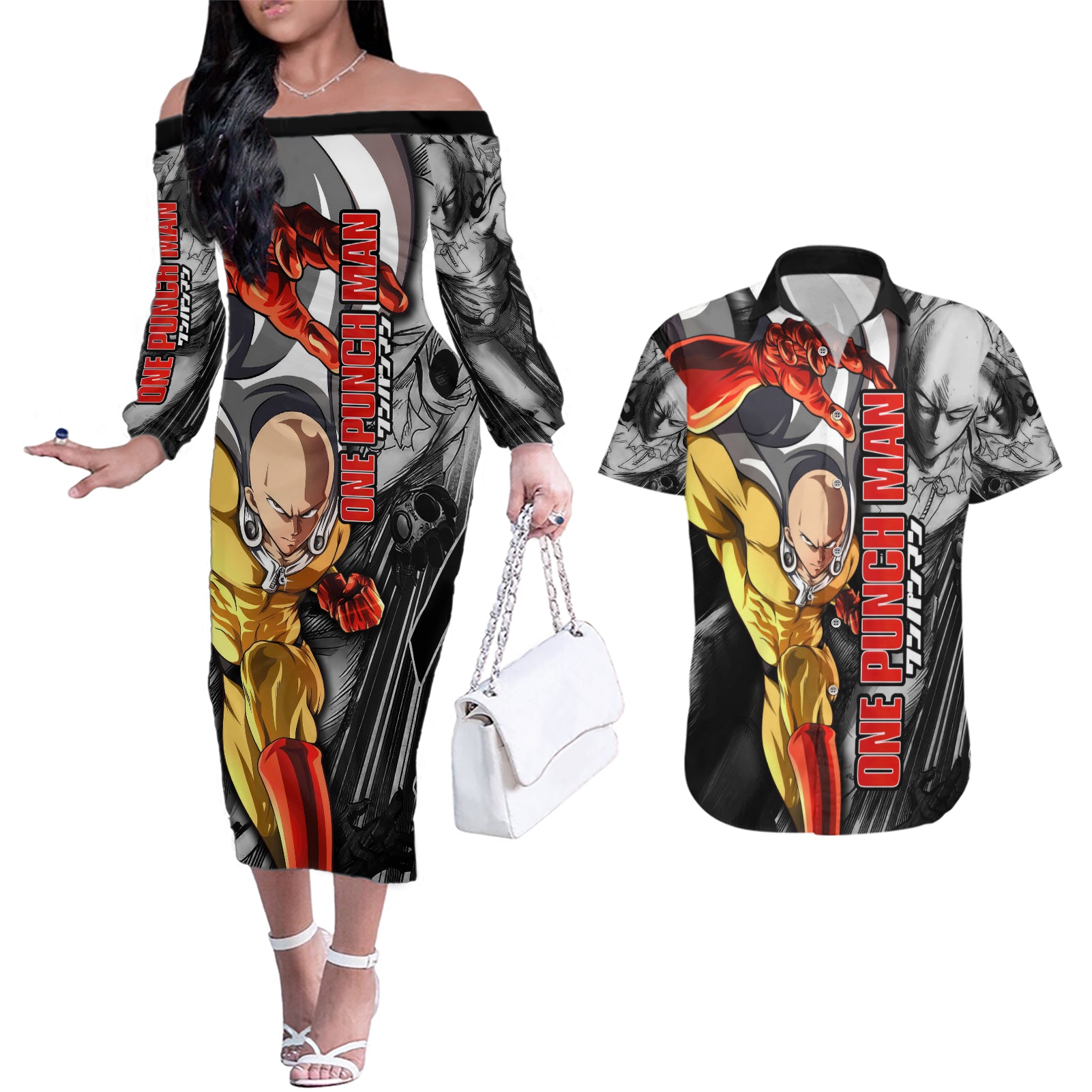 Saitama - One Punch Man Couples Matching Off The Shoulder Long Sleeve Dress and Hawaiian Shirt Anime Mix Manga Style