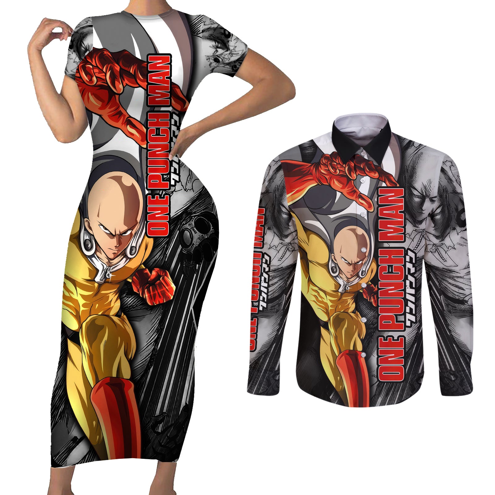 Saitama - One Punch Man Couples Matching Short Sleeve Bodycon Dress and Long Sleeve Button Shirt Anime Mix Manga Style