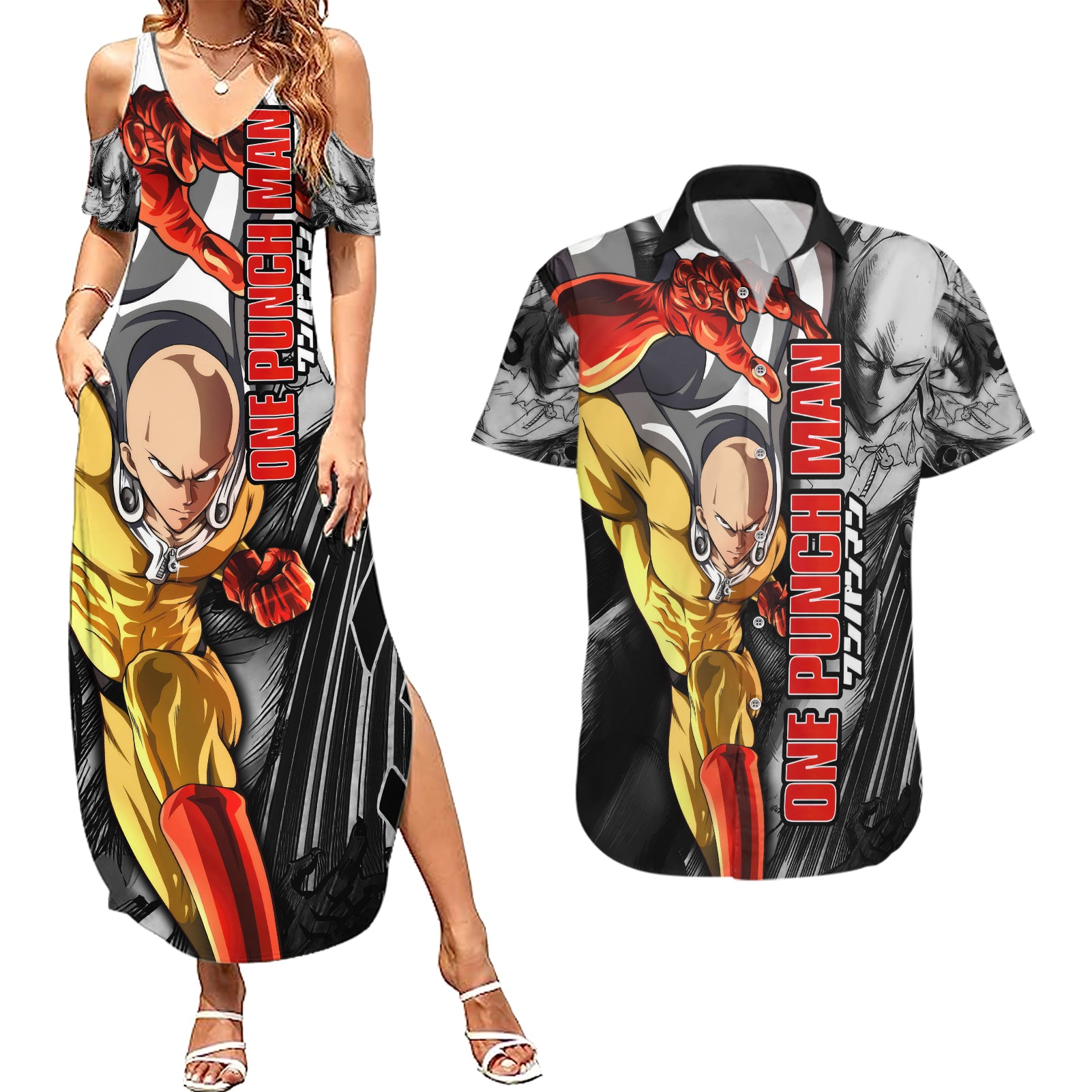 Saitama - One Punch Man Couples Matching Summer Maxi Dress and Hawaiian Shirt Anime Mix Manga Style