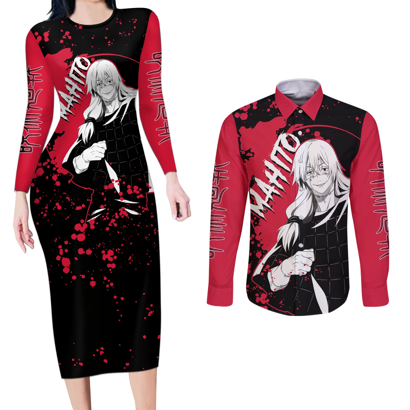 Mahito Jujutsu Kaisen Couples Matching Long Sleeve Bodycon Dress and Long Sleeve Button Shirt Manga Style Art