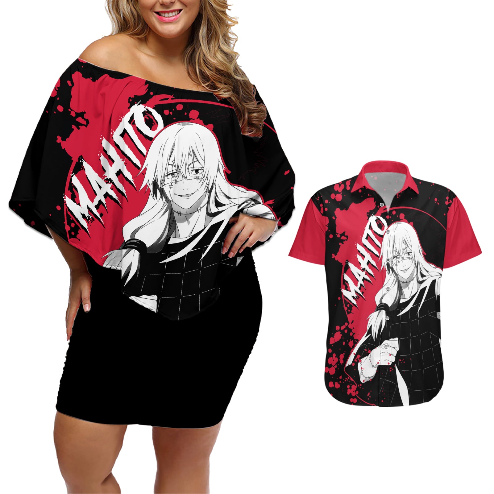 Mahito Jujutsu Kaisen Couples Matching Off Shoulder Short Dress and Hawaiian Shirt Manga Style Art