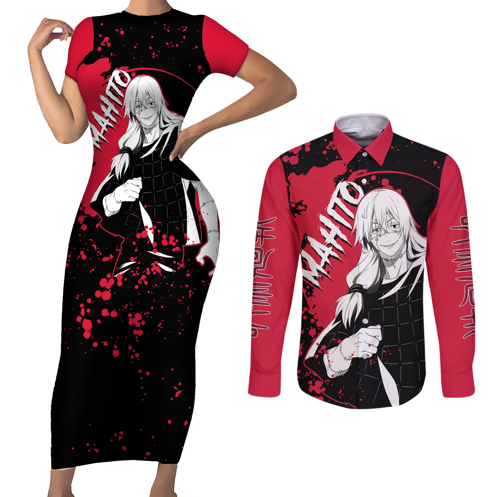 Mahito Jujutsu Kaisen Couples Matching Short Sleeve Bodycon Dress and Long Sleeve Button Shirt Manga Style Art