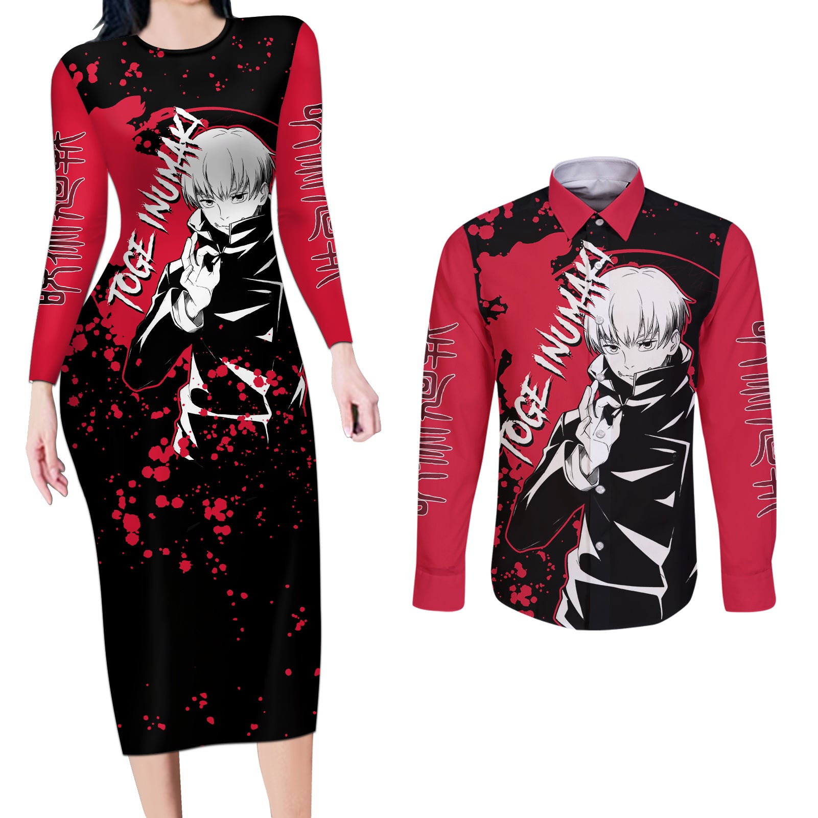 Toge Inumaki Jujutsu Kaisen Couples Matching Long Sleeve Bodycon Dress and Long Sleeve Button Shirt Manga Style Art