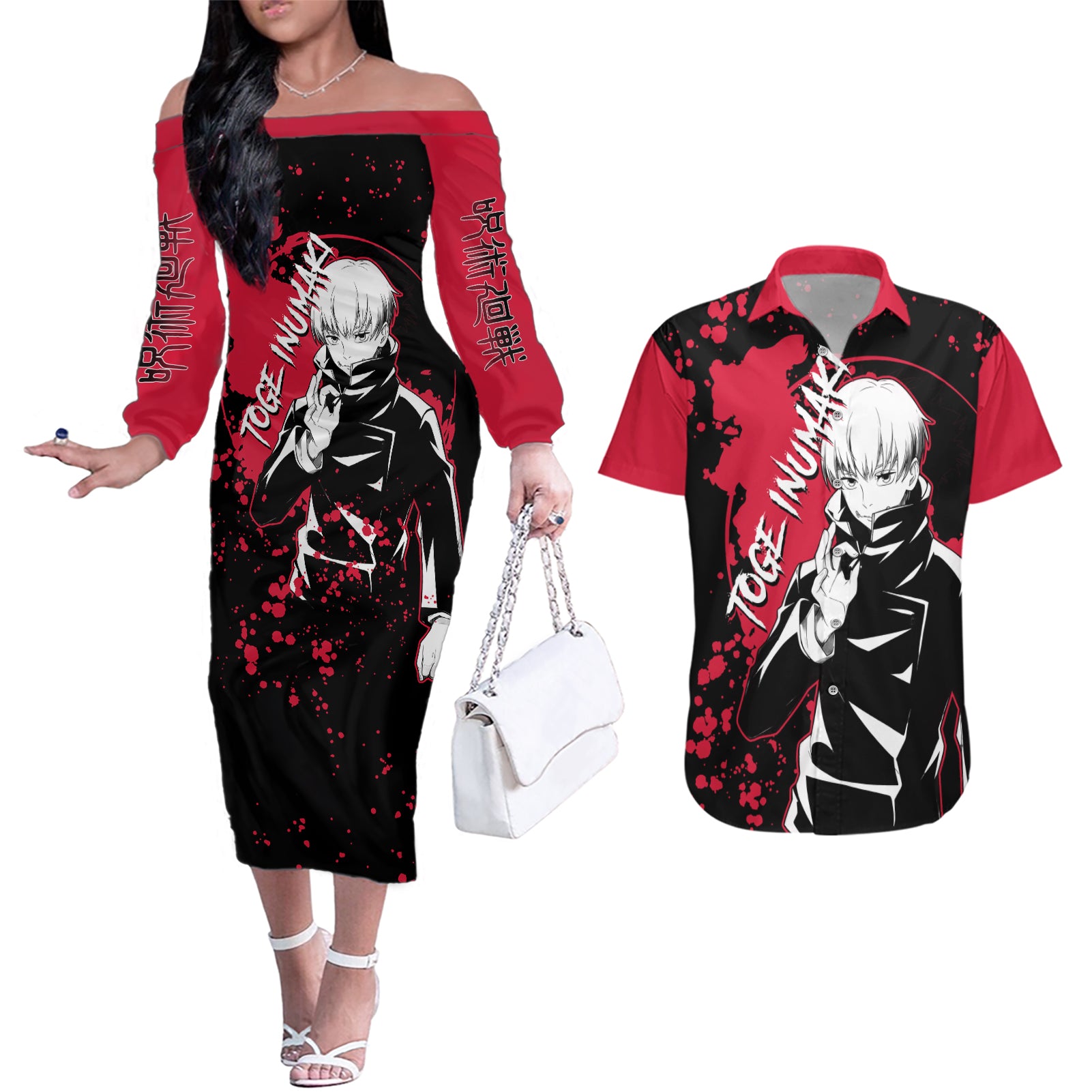 Toge Inumaki Jujutsu Kaisen Couples Matching Off The Shoulder Long Sleeve Dress and Hawaiian Shirt Manga Style Art