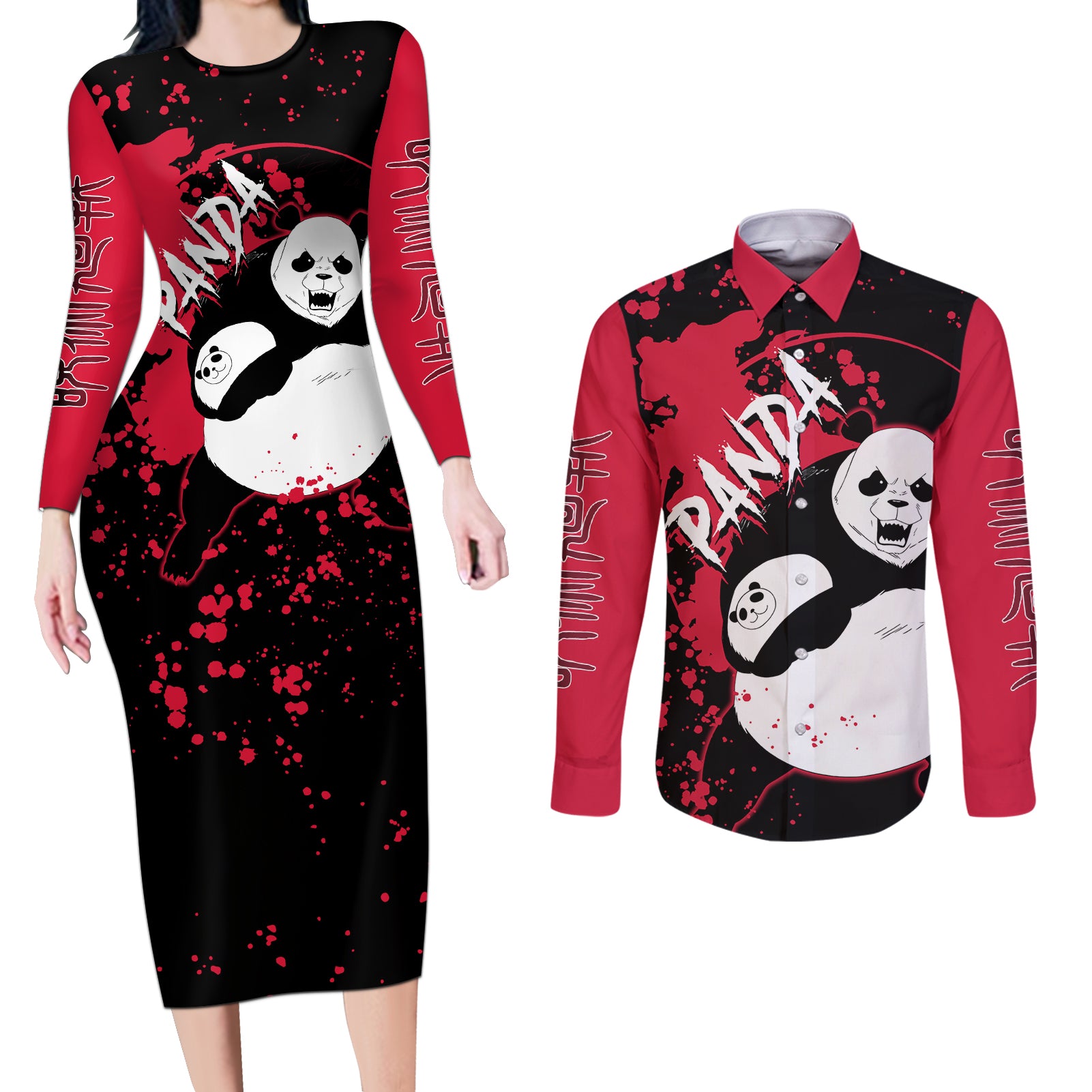 Panda Jujutsu Kaisen Couples Matching Long Sleeve Bodycon Dress and Long Sleeve Button Shirt Manga Style Art