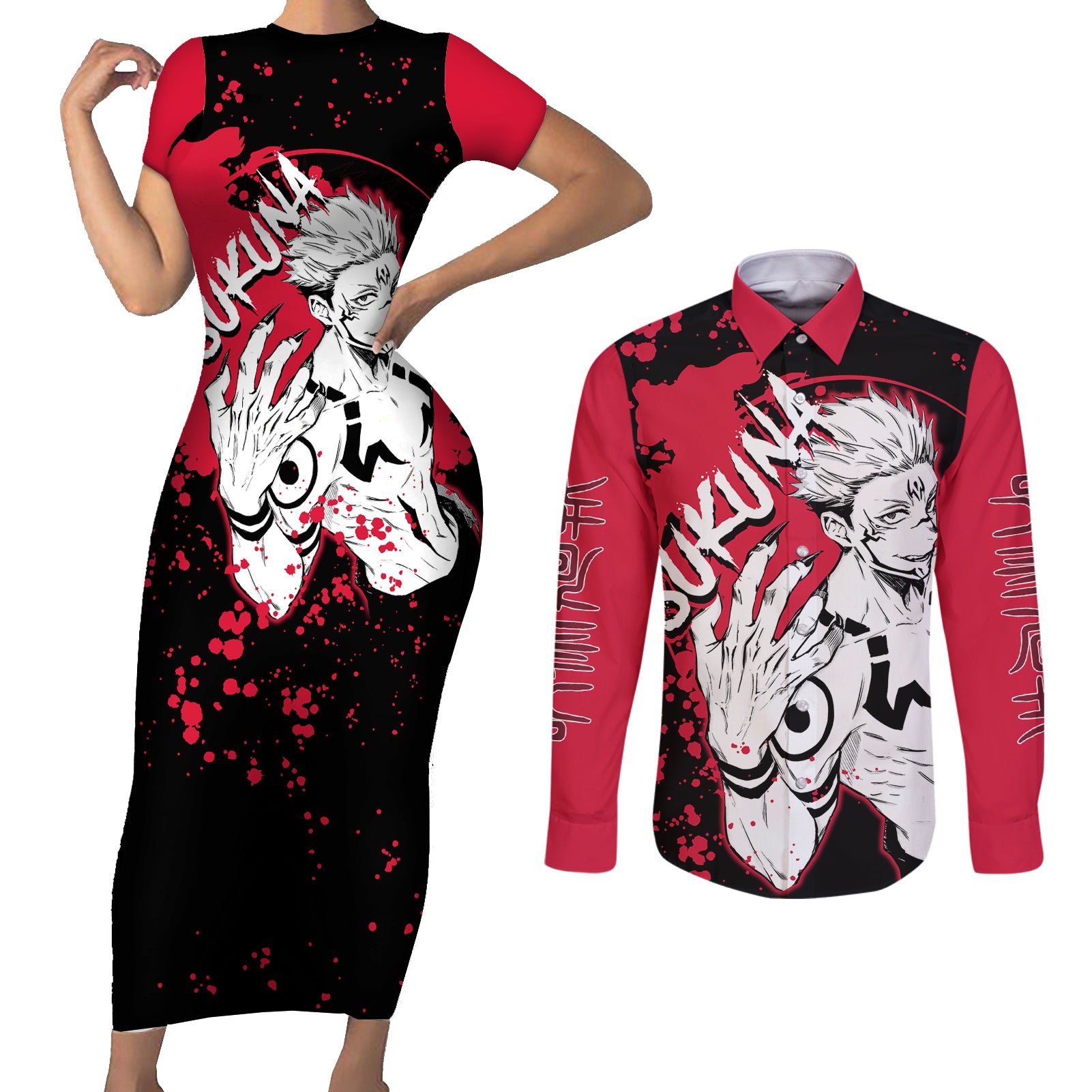 Ryomen Sukuna Jujutsu Kaisen Couples Matching Short Sleeve Bodycon Dress and Long Sleeve Button Shirt Manga Style Art