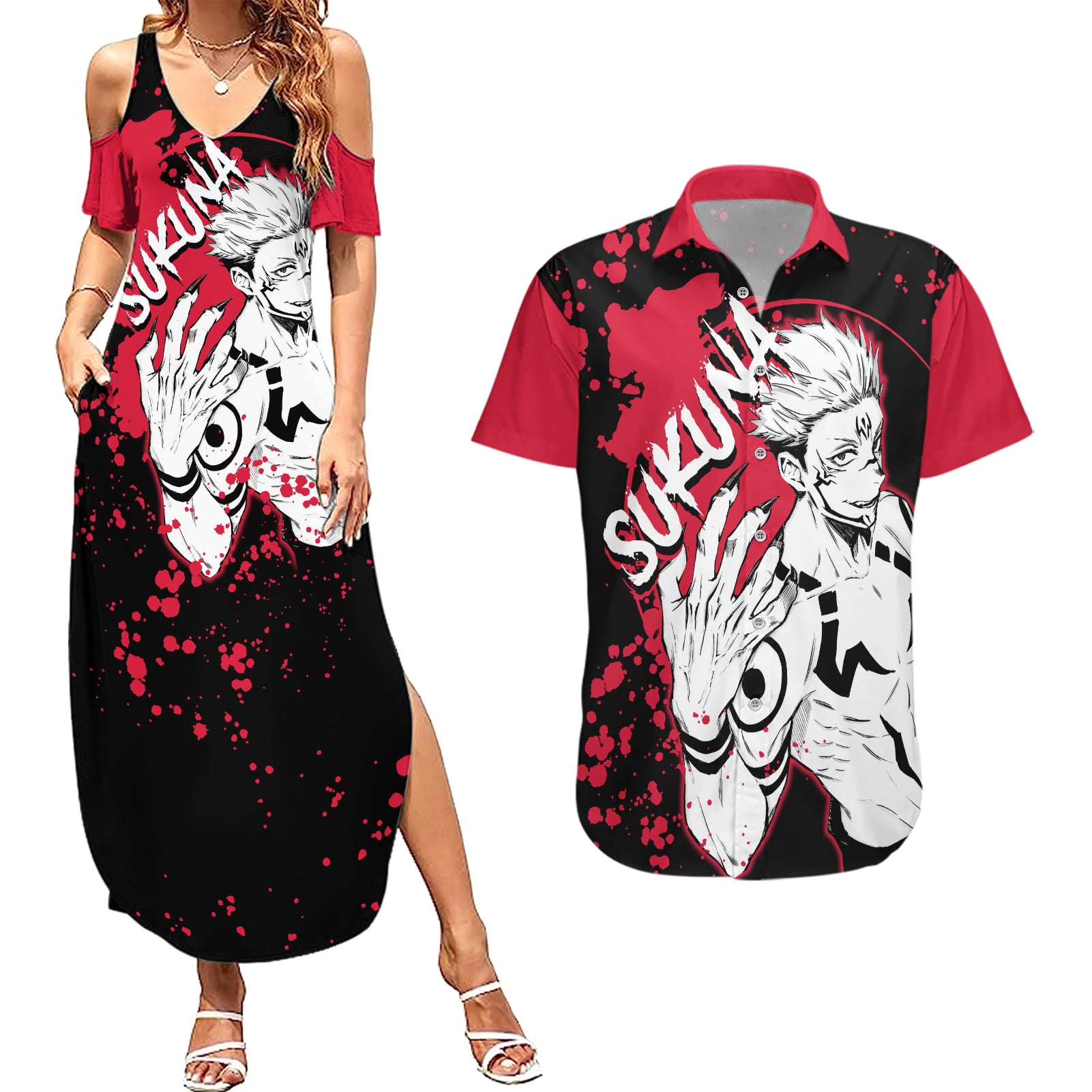 Ryomen Sukuna Jujutsu Kaisen Couples Matching Summer Maxi Dress and Hawaiian Shirt Manga Style Art