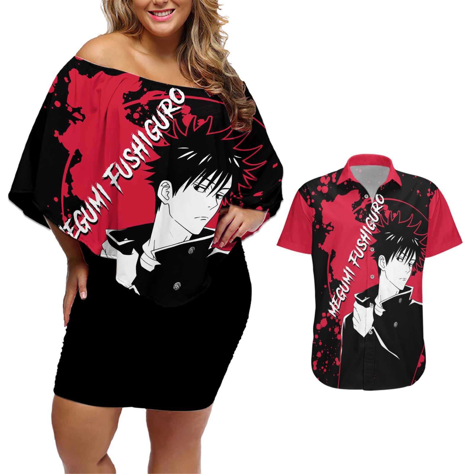 Megumi Fushiguro Jujutsu Kaisen Couples Matching Off Shoulder Short Dress and Hawaiian Shirt Manga Style Art