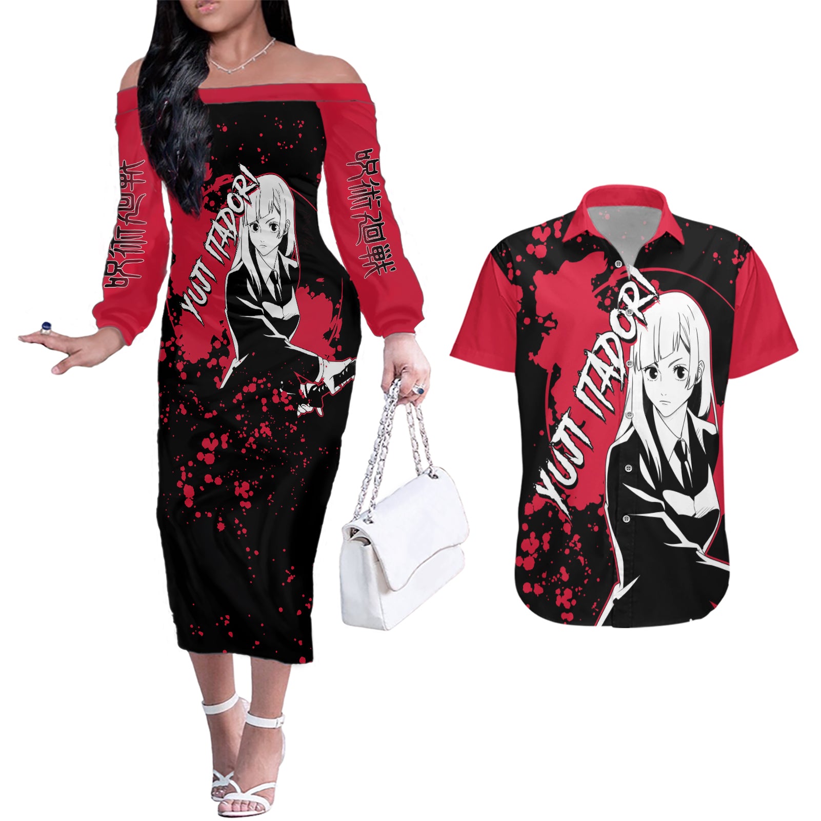 Kasumi Miwa Jujutsu Kaisen Couples Matching Off The Shoulder Long Sleeve Dress and Hawaiian Shirt Manga Style Art