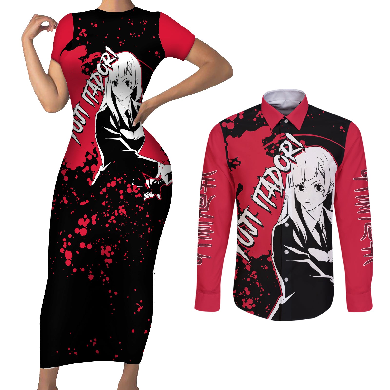 Kasumi Miwa Jujutsu Kaisen Couples Matching Short Sleeve Bodycon Dress and Long Sleeve Button Shirt Manga Style Art