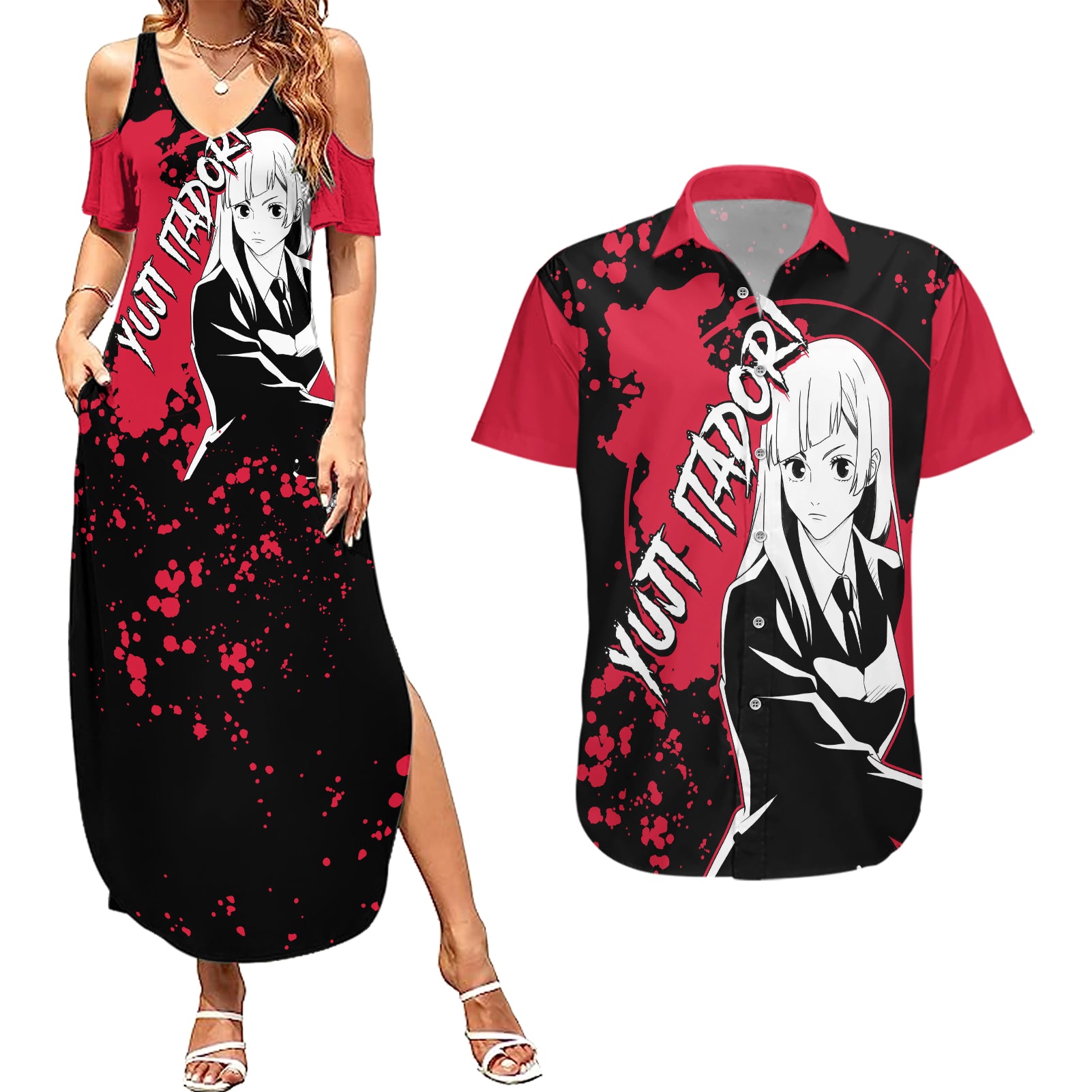 Kasumi Miwa Jujutsu Kaisen Couples Matching Summer Maxi Dress and Hawaiian Shirt Manga Style Art