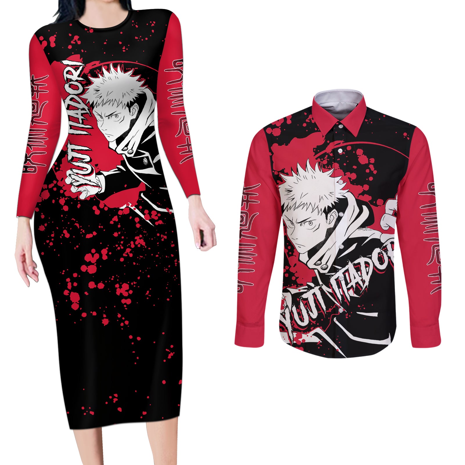 Yuji Itadori Jujutsu Kaisen Couples Matching Long Sleeve Bodycon Dress and Long Sleeve Button Shirt Manga Style Art