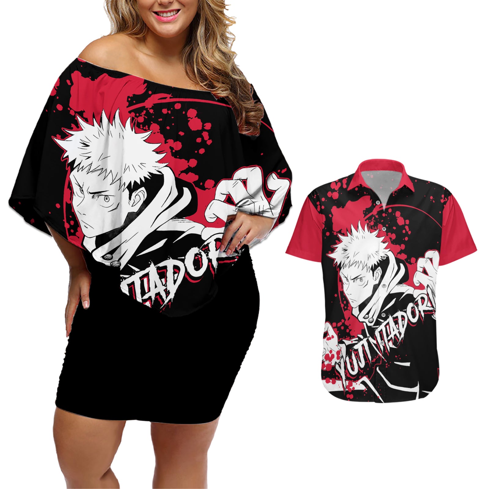 Yuji Itadori Jujutsu Kaisen Couples Matching Off Shoulder Short Dress and Hawaiian Shirt Manga Style Art