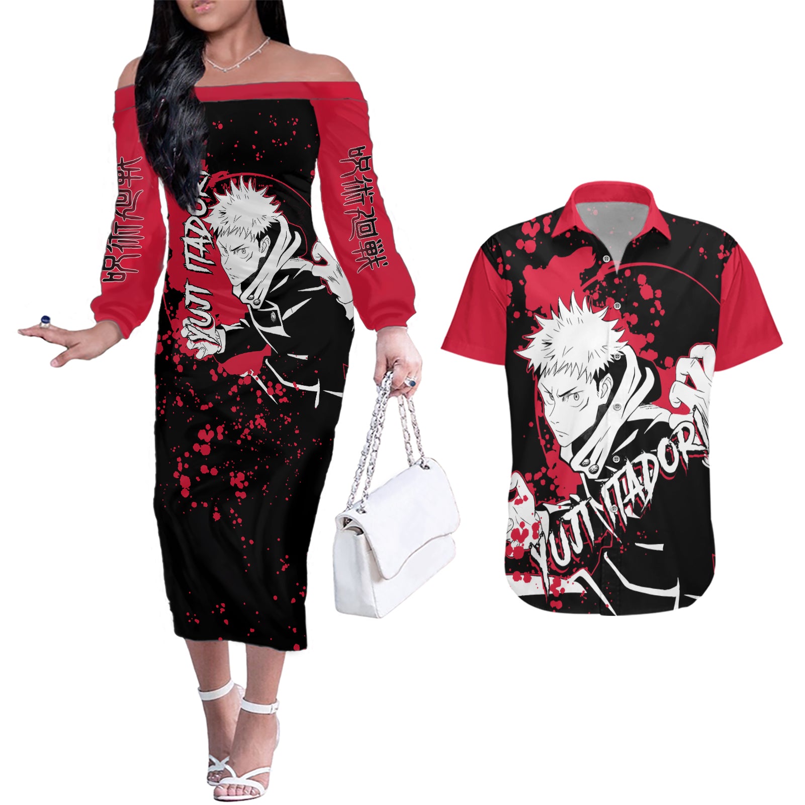 Yuji Itadori Jujutsu Kaisen Couples Matching Off The Shoulder Long Sleeve Dress and Hawaiian Shirt Manga Style Art