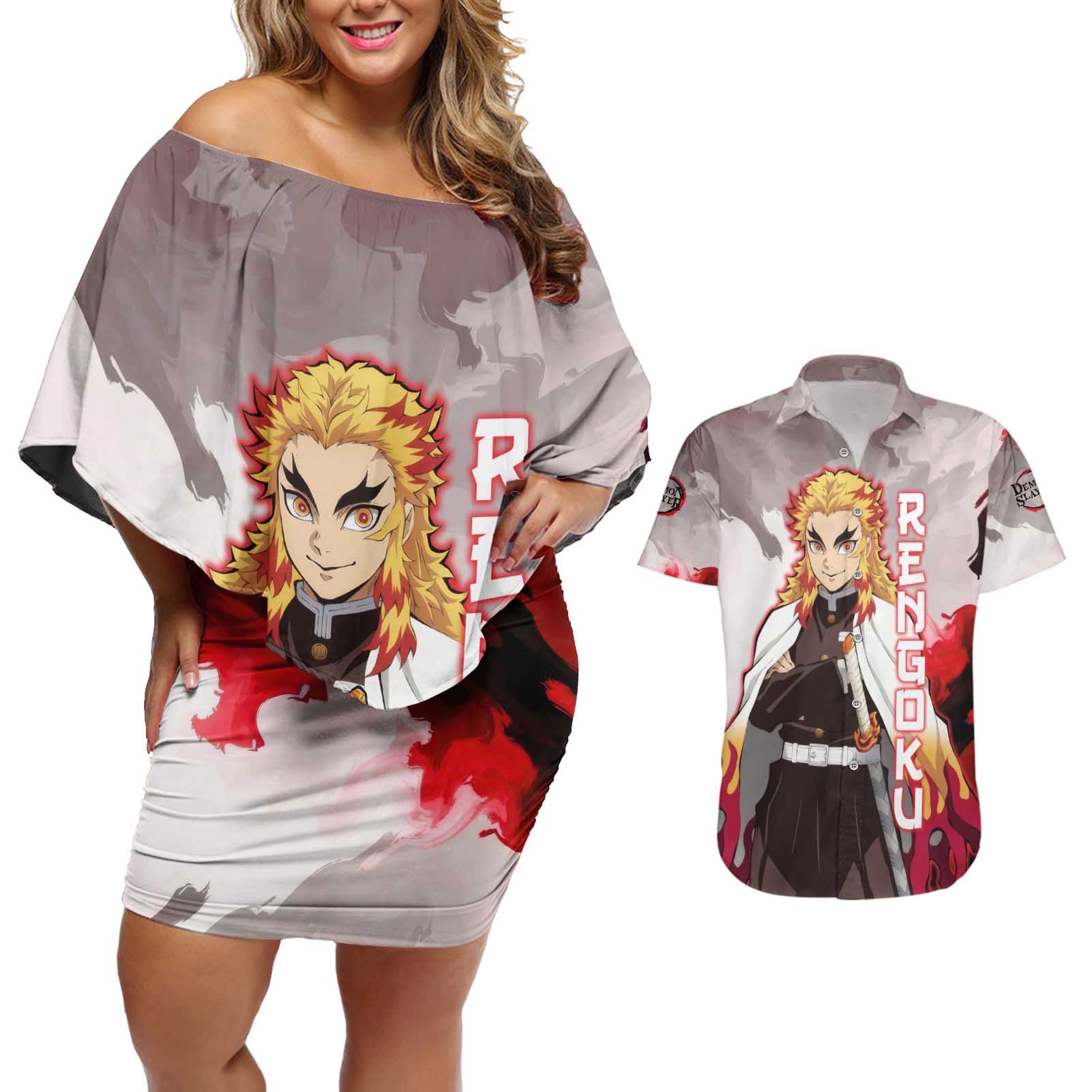 Rengoku Kyoujurou - Demon Slayer Couples Matching Off Shoulder Short Dress and Hawaiian Shirt Anime Style