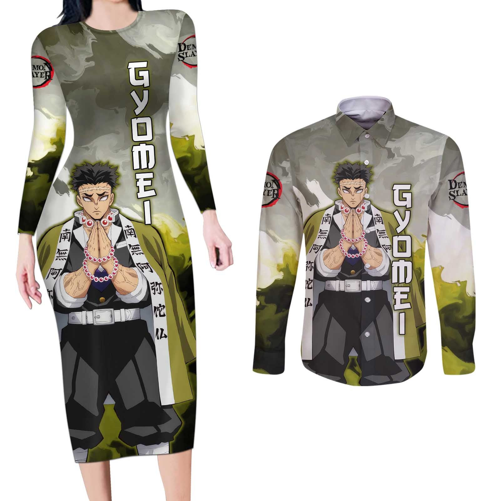 Gyomei - Demon Slayer Couples Matching Long Sleeve Bodycon Dress and Long Sleeve Button Shirt Anime Style