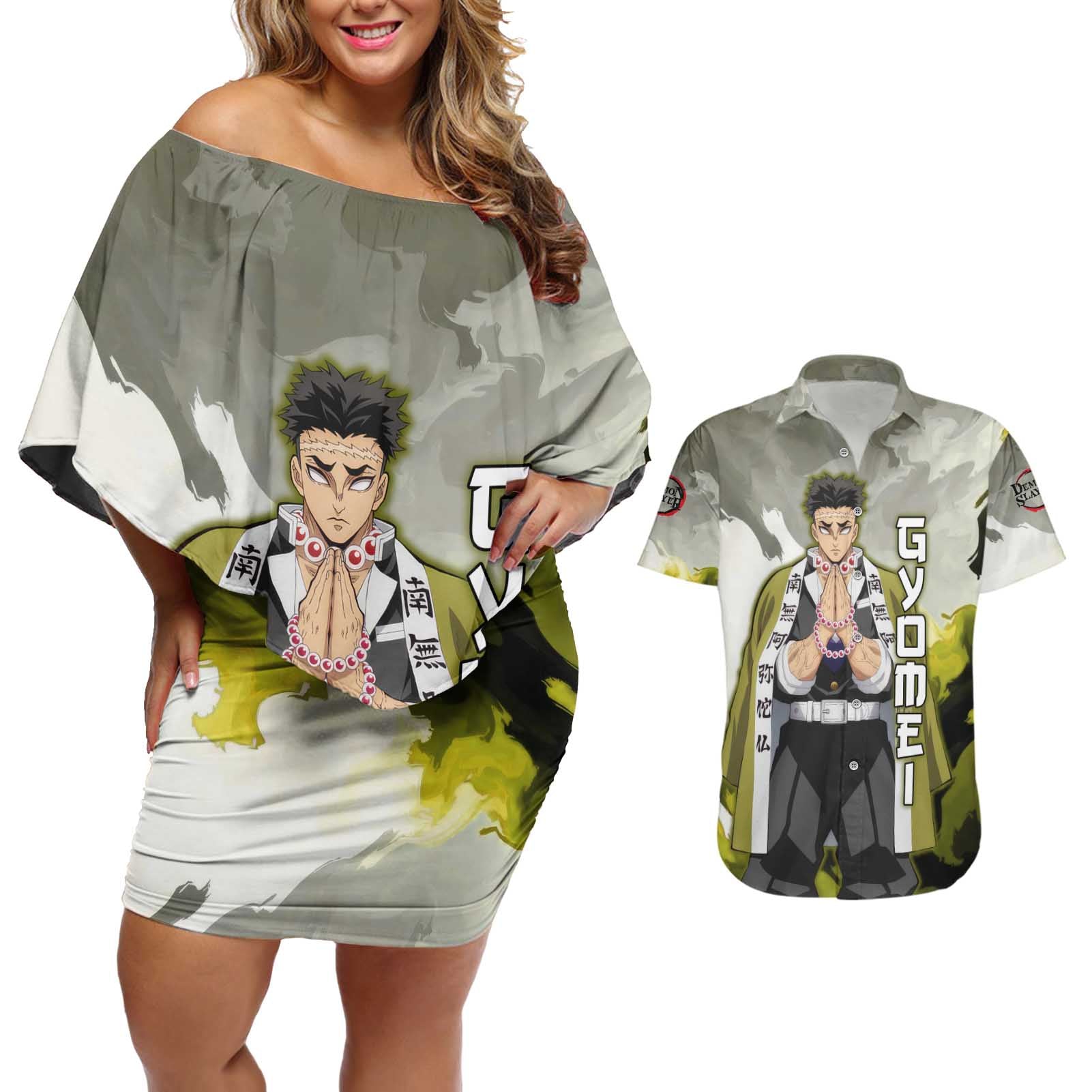 Gyomei - Demon Slayer Couples Matching Off Shoulder Short Dress and Hawaiian Shirt Anime Style