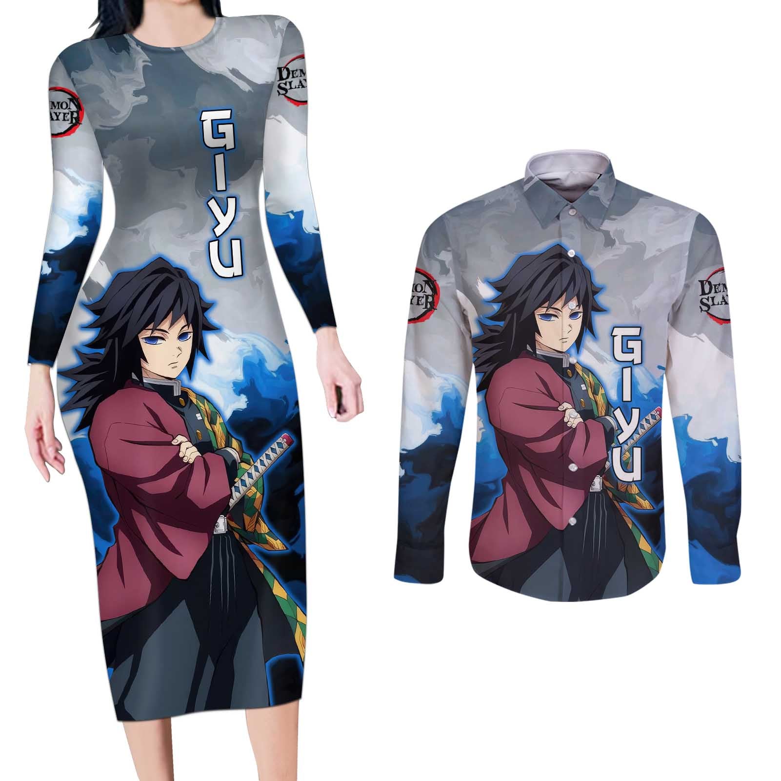 Giyu Tomioka - Demon Slayer Couples Matching Long Sleeve Bodycon Dress and Long Sleeve Button Shirt Anime Style