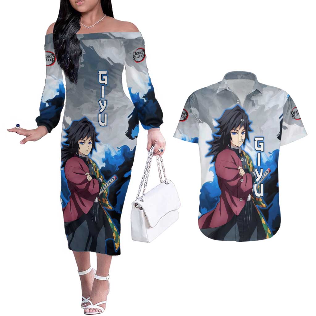 Giyu Tomioka - Demon Slayer Couples Matching Off The Shoulder Long Sleeve Dress and Hawaiian Shirt Anime Style