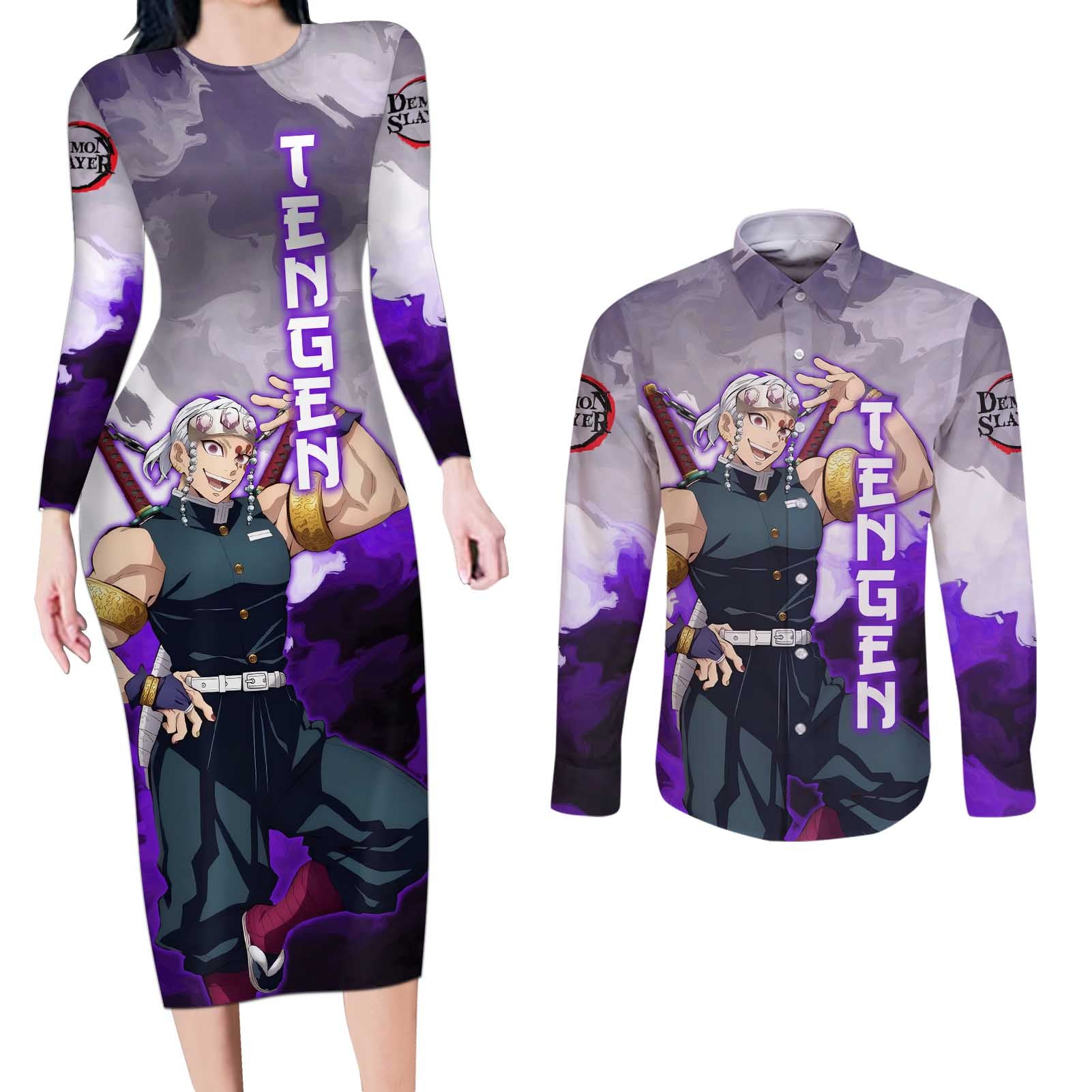 Tengen Uzui - Demon Slayer Couples Matching Long Sleeve Bodycon Dress and Long Sleeve Button Shirt Anime Style